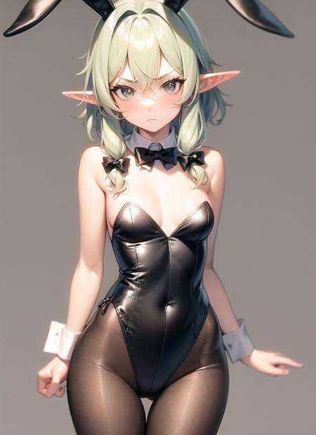 <lora:highelf1-000014:1>, rnd1, siino, alternate costume, animal ears, bare arms, bare shoulders, black bow, black bowtie, black leotard, blush, bow, bowtie, brown pantyhose, cowboy shot, detached collar, fake animal ears, female focus, frown, grey background, hair bow, hair ornament, leotard, long hair, looking at viewer, matching hair eyes, pantyhose, playboy bunny, rabbit ears, sidelocks, simple background, solo, standing, thigh gap, wrist cuffs