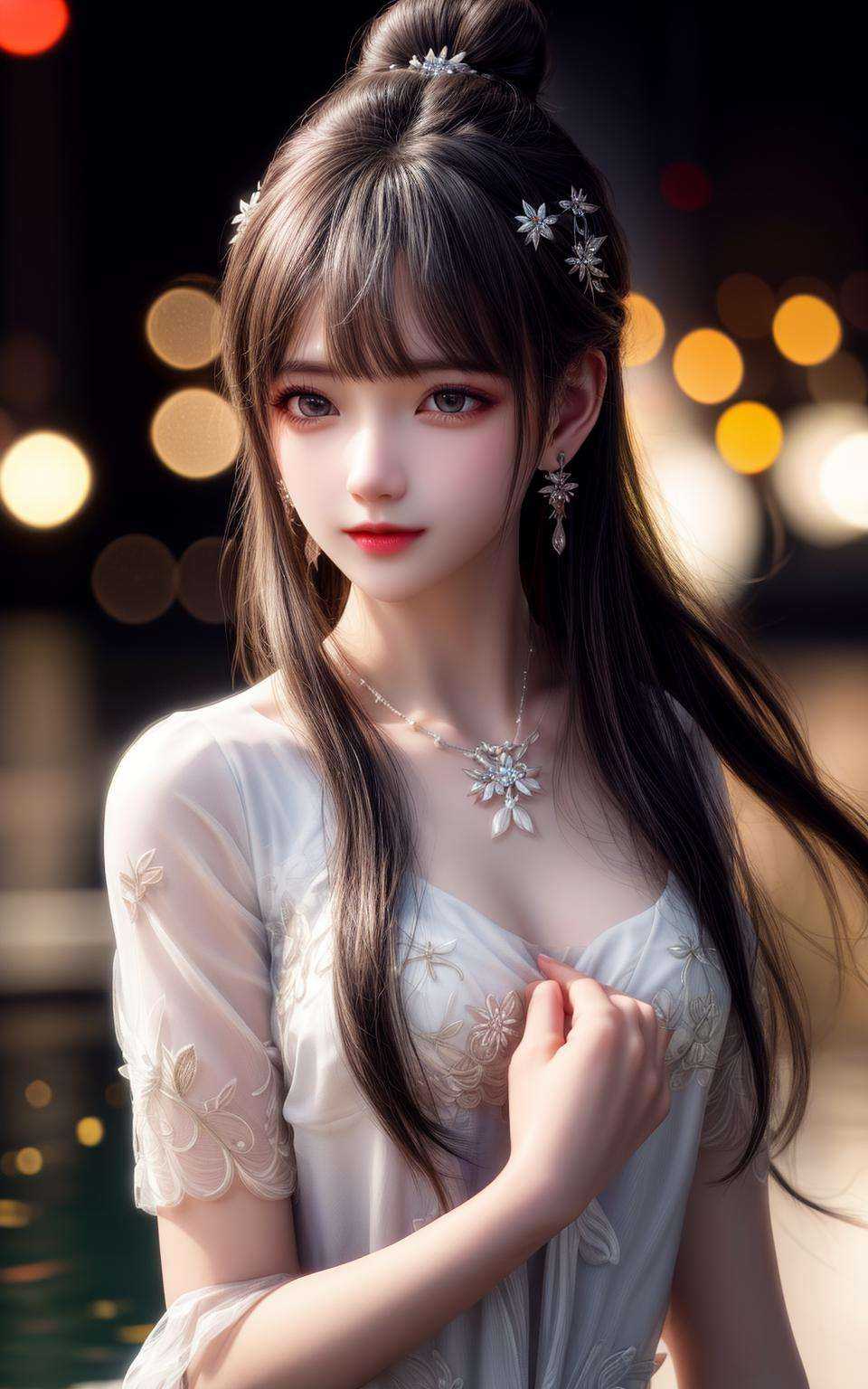 best quality,masterpiece,highres,cg,1girl,long hair,dress,water,solo,jewelry,white dress,earrings,hair ornament,splashing,upper body,hair bun,black hair,lighting,candid,Photograph,high resolution,4k,8k,Bokeh,<lora:moreDetails.5pEa:0.8>,