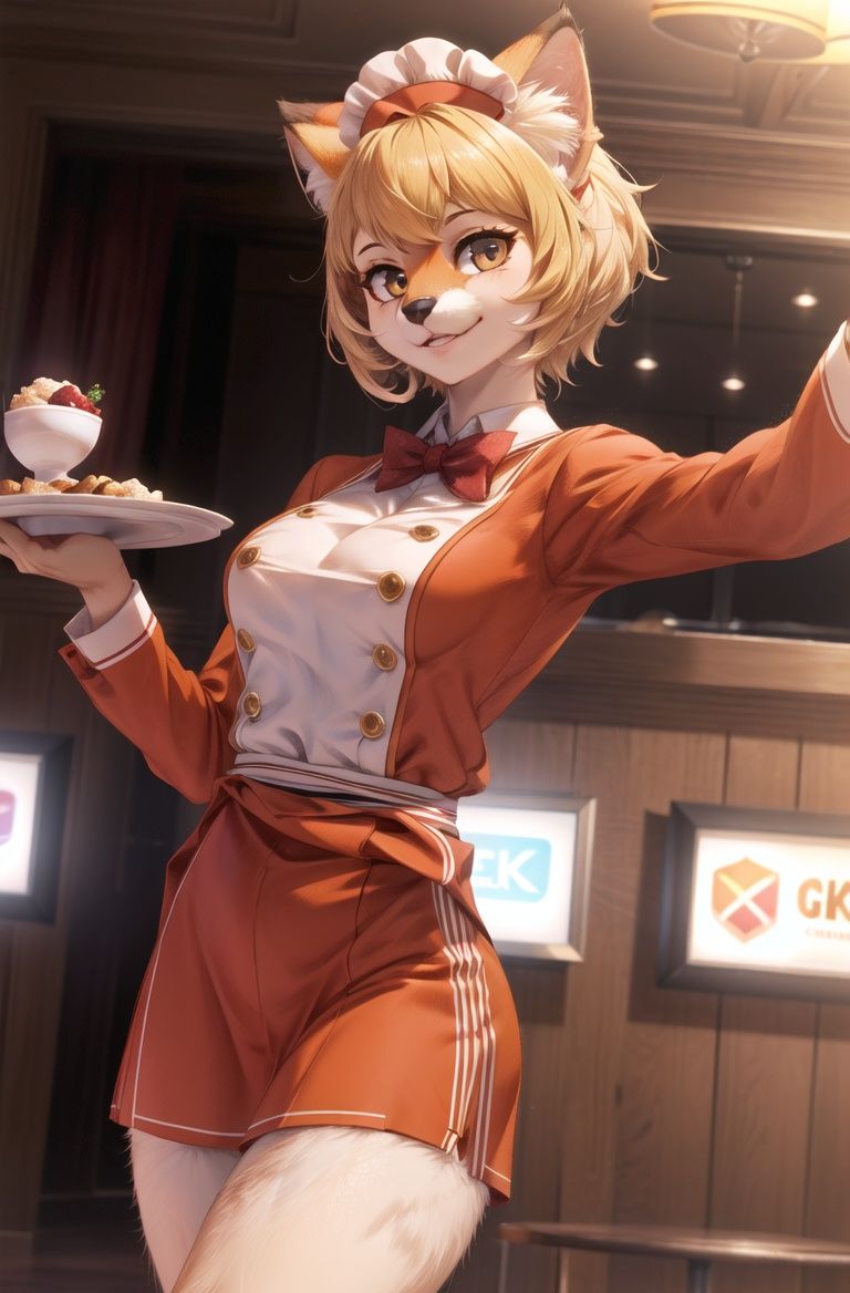 masterpiece, best quality,hdr,8k,1girl,furry female,persona dancing, solo,(high detail fur:1.2),cinema angle,8K,game CGperfect lighting,servalcat,(waiter orange uniform:1.1),looking at viewer,blonde<lora:servalcat:0.7>  <lora:add_detail:0.35>