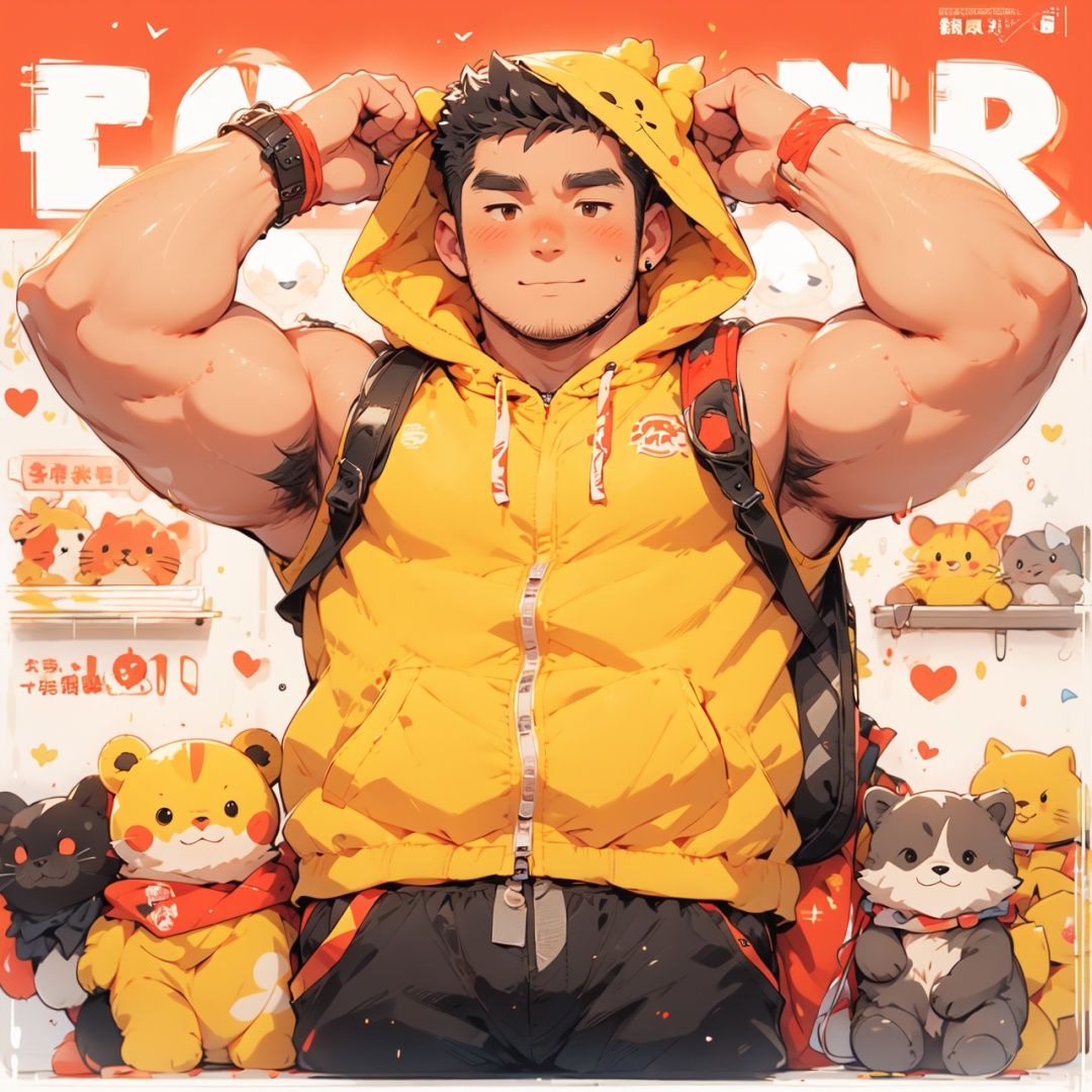 chick,too_many,stuffed_toy,stuffed_animal,stuffed_cat,:3,dog,hamster,teddy_bear,pokemon_\(creature\),kero,pumpkin,pikachu,jack-o'-lantern,bear, Masterpiece, anime,8k,best quality, minimalist, close-up shot
,bust, perspective, from above, A japanese man, solo, cute man, round face, youth, fat, fat, 300 pounds fat, short black hair, gay, sexy,lying, armpits, red eyes, red background, hood, backpack, cat, red hoodie, drawstring, hood down, sleeveless, bag, english text, jewelry, blush, skirt, red theme, speech bubble, animal,simple background, black skirt,(magazine:1.3), (cover-style:1.3), romaji text,,fairy tale style,niji5,newspaper,Newspaper Wall