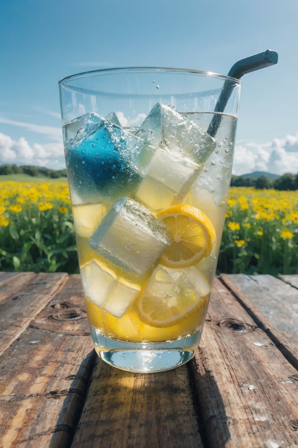 {{ultra-detailed}},{{illustration}},depth of field (dof),extreme close up,mood lighting,realistic,bright style,food focus,transparent glass cup,outdoors,daytime,blue sky and sky,meadow,three transparent glass cups,three cups of soda,<lora:RX_style_DEMO:2>,ice cubes,