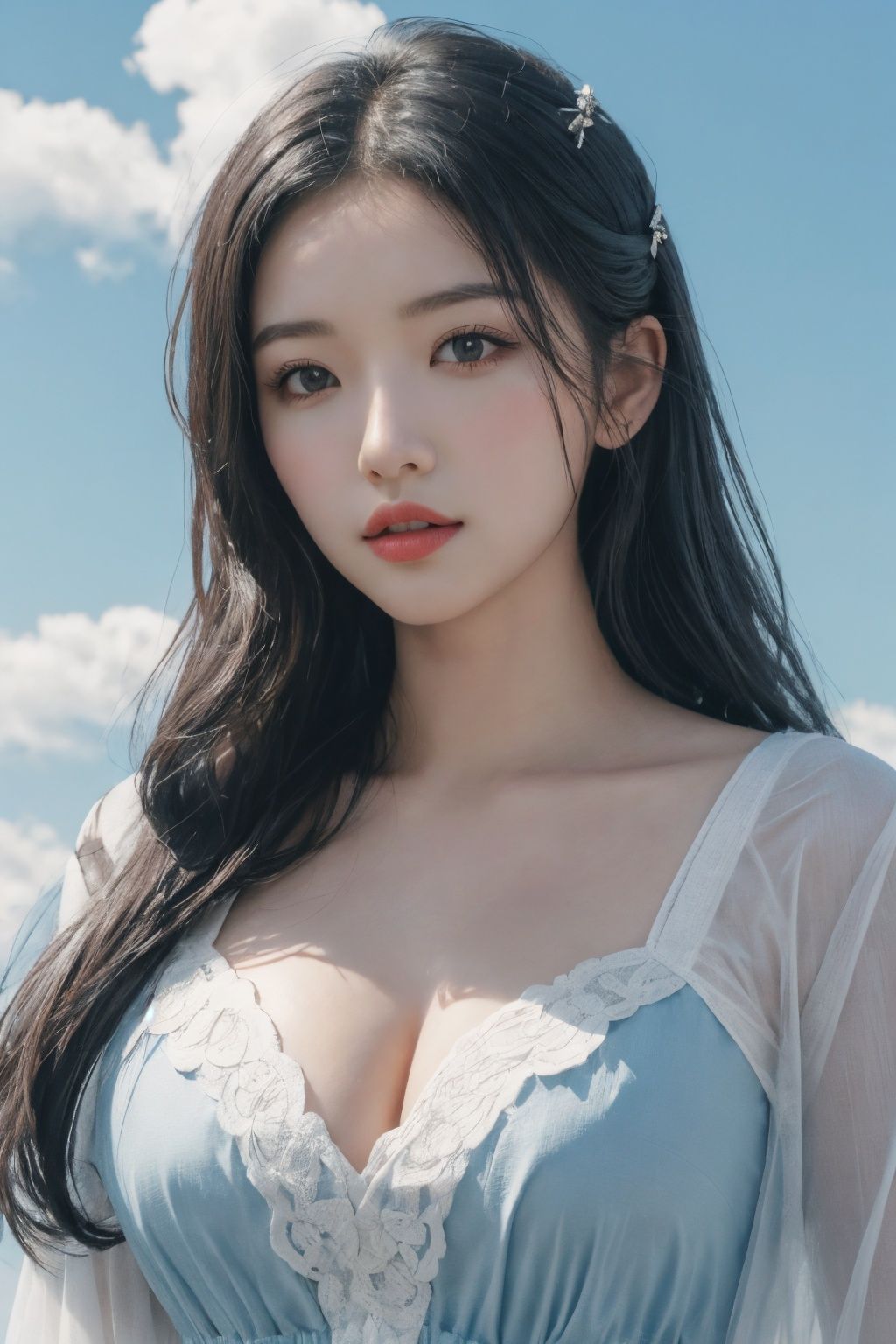 {{masterpiece}},{{{best quality}}},{{ultra-detailed}},{{illustration}},{{disheveled hair}},depth of field (dof),Chest Shot(MCU),Mid shot,Split Lighting,1 girl,(soft blending:1.2),fluid colors,dreamy washes,fantasy,dream world:1.8,Fantasy Style,<lora:KCW_V6:0.65>,<lora:RX_style_DEMO:1>,blue sky,snow white clouds,