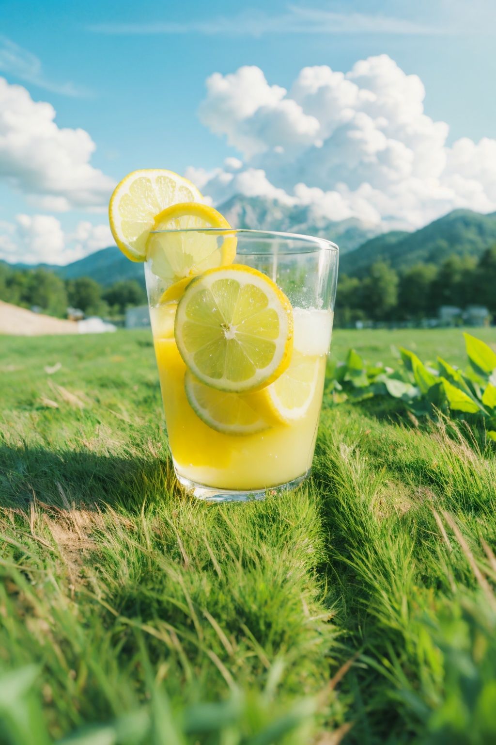 {{masterpiece}},{{{best quality}}},{{ultra-detailed}},{{illustration}},depth of field (dof),extreme close up,mood lighting,realistic,bright style,<lora:RX_style_DEMO:2>,food focus,transparent glass cup,outdoors,lemon,light green grassland,