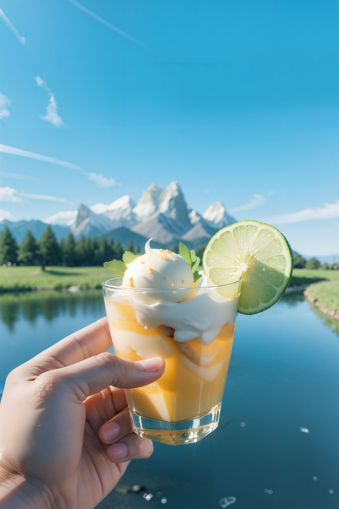 {{masterpiece}},{{{best quality}}},{{ultra-detailed}},{{illustration}},depth of field (dof),extreme close up,mood lighting,realistic,bright style,food focus,transparent glass cup,outdoors,daytime,blue sky and sky,meadow,three small ice creams,three glass cups,<lora:RX_style_DEMO:2>,