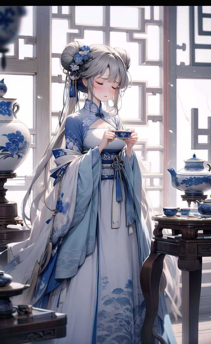 1girl, teapot, chinese clothes, teacup, long hair, cup, blurry, hair bun, closed eyes, holding, solo, double bun, table, dress, long sleeves, twintails, hair ornament, depth of field, white hair, blurry background, floral print, letterboxed, white dress, standing, wide sleeves, bangs, very long hair, lattice, saucer, holding cup, indoors, closed mouth, blurry foreground, tea set, animal, flower, architecture, china dress, hanfu, tiered tray <lora:[LoRa] Jingde  青花Concept (With multires noise version):1>