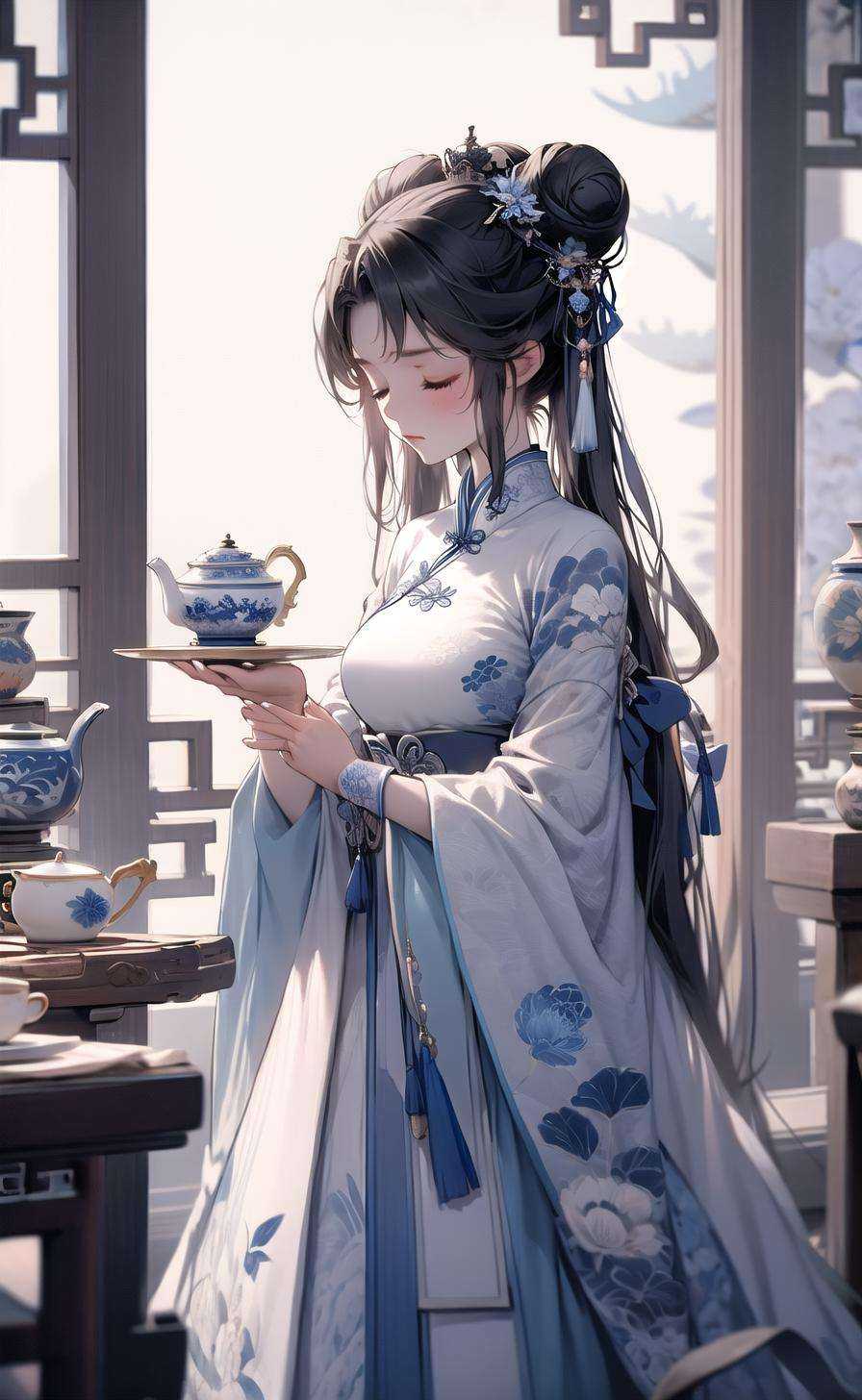 1girl, teapot, chinese clothes, teacup, long hair, cup, blurry, hair bun, closed eyes, holding, solo, double bun, table, dress, long sleeves, twintails, hair ornament, depth of field, white hair, blurry background, floral print, letterboxed, white dress, standing, wide sleeves, bangs, very long hair, lattice, saucer, holding cup, indoors, closed mouth, blurry foreground, tea set, animal, flower, architecture, china dress, hanfu, tiered tray <lora:[LoRa] Jingde  青花Concept (With multires noise version):1>