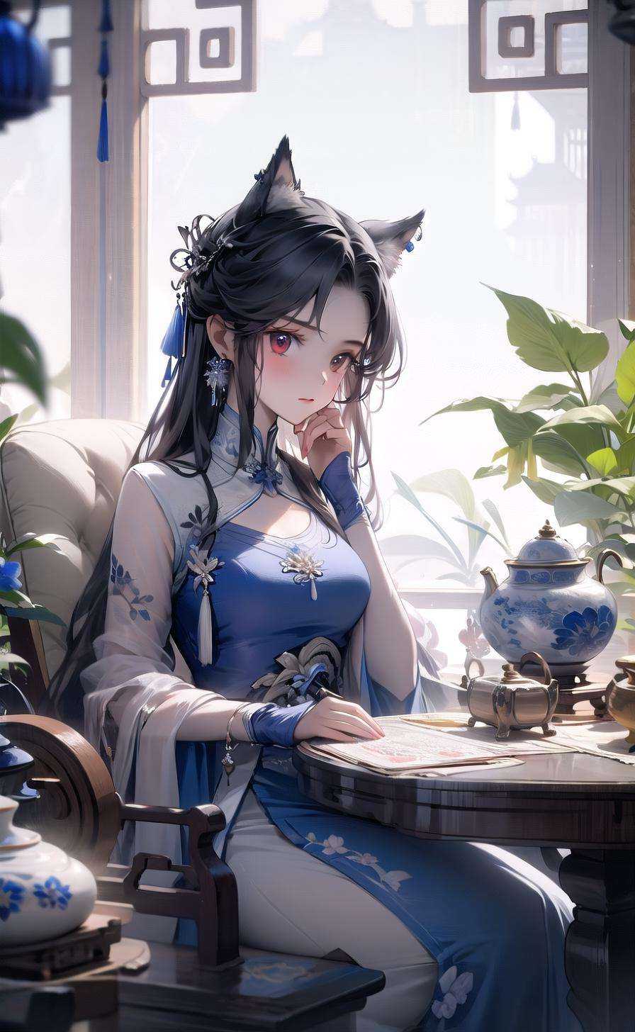 1girl, head,red eyes, teapot, blue dress, dress, solo, long hair, black hair, teacup, hair ornament, chinese clothes, sitting, cup, table, jewelry, earrings,  vase, looking at viewer, indoors, tea set, lattice, long sleeves, flower, breasts, closed mouth, tassel, window, holding, makeup, chair, tea, kettle, shawl, wide sleeves, hand on own chin, blurry, china dress,, <lora:Arknights-Texas the Omertosa:0.7>   <lora:[LoRa] Jingde  青花Concept (With multires noise version):1>