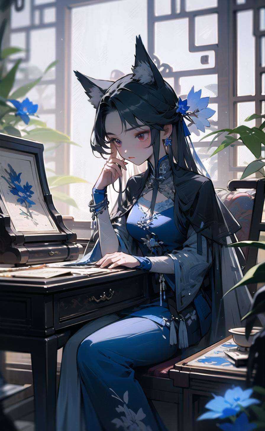 1girl, head,red eyes,hair ornament, flower, lattice, solo, table, scroll, sitting, window, round window, jewelry,, paintbrush, long hair, chinese clothes, indoors, vase,, earrings, looking down, long sleeves, hair flower, chair, hanfu, blue dress, bracelet, , beads, tassel, dress, holding, calligraphy brush, windowsill, teapot, closed mouth, shawl, blue flower, <lora:porcelain-000004:1> <lora:Arknights-Texas the Omertosa:1>