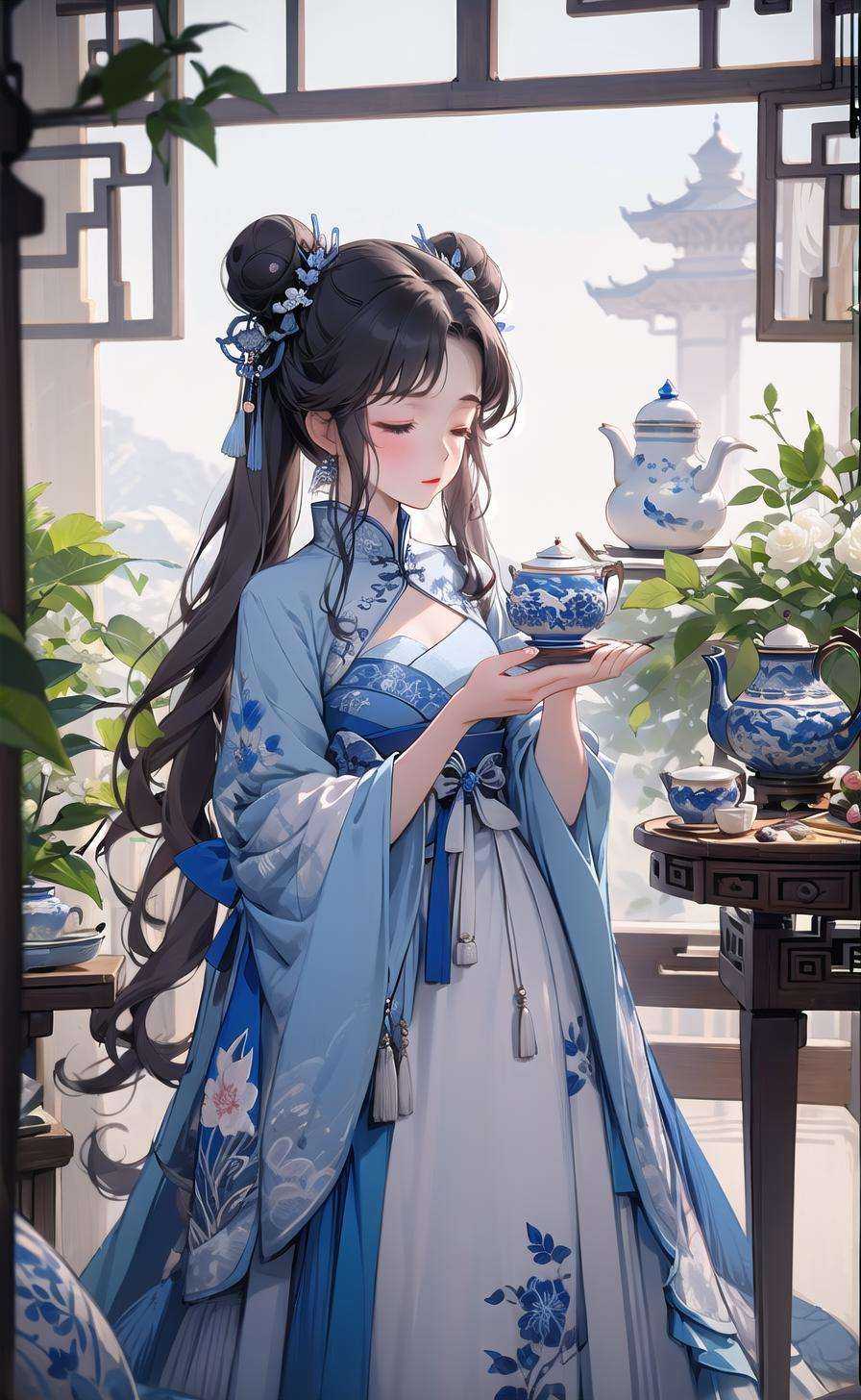 1girl, teapot, chinese clothes, teacup, long hair, cup, blurry, hair bun, closed eyes, holding, solo, double bun, table, dress, long sleeves, twintails, hair ornament, depth of field, white hair, blurry background, floral print, letterboxed, white dress, standing, wide sleeves, bangs, very long hair, lattice, saucer, holding cup, indoors, closed mouth, blurry foreground, tea set, animal, flower, architecture, china dress, hanfu, tiered tray  <lora:porcelain-000004:1>