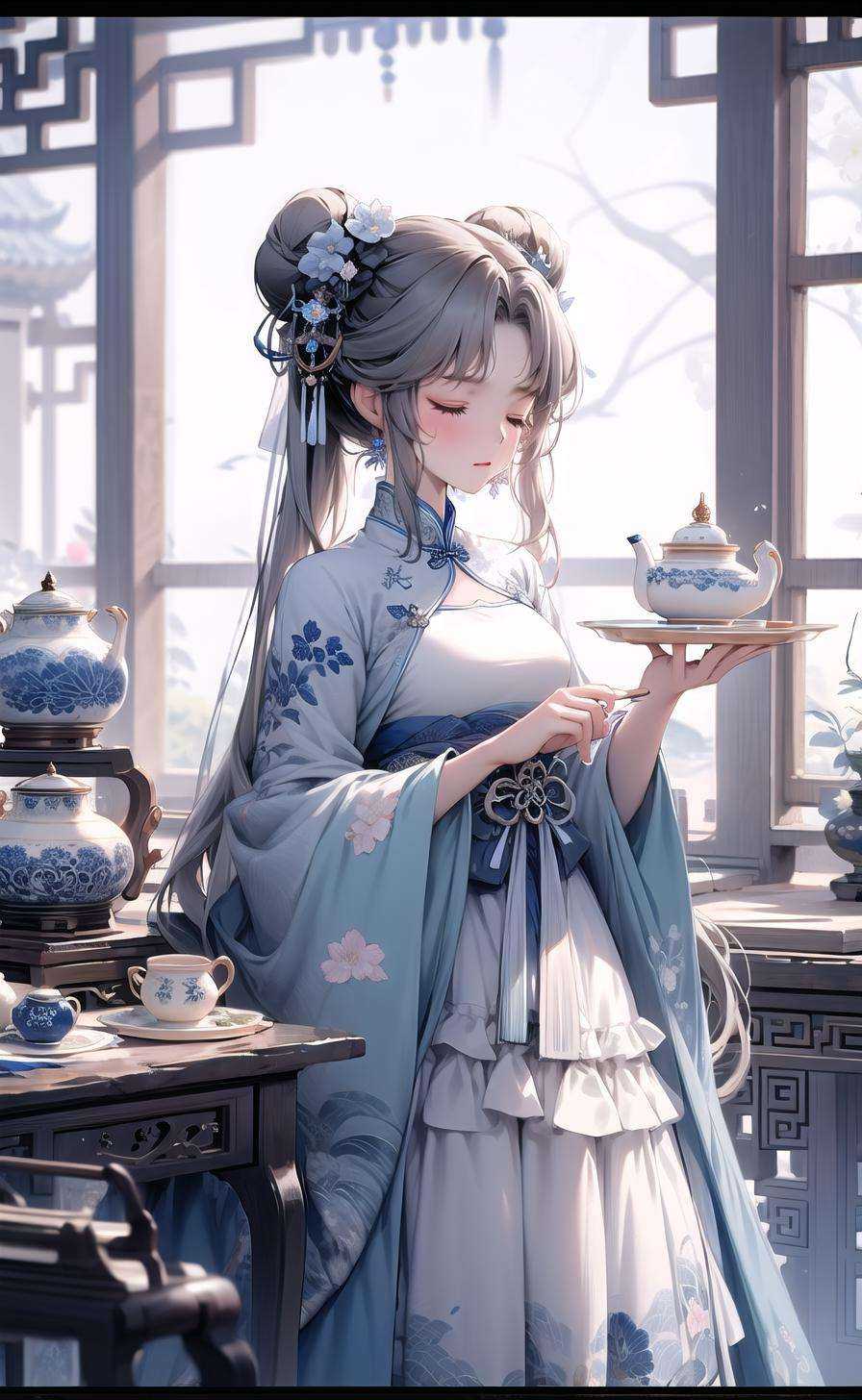 1girl, teapot, chinese clothes, teacup, long hair, cup, blurry, hair bun, closed eyes, holding, solo, double bun, table, dress, long sleeves, twintails, hair ornament, depth of field, white hair, blurry background, floral print, letterboxed, white dress, standing, wide sleeves, bangs, very long hair, lattice, saucer, holding cup, indoors, closed mouth, blurry foreground, tea set, animal, flower, architecture, china dress, hanfu, tiered tray <lora:[LoRa] Jingde  青花Concept (With multires noise version):1>