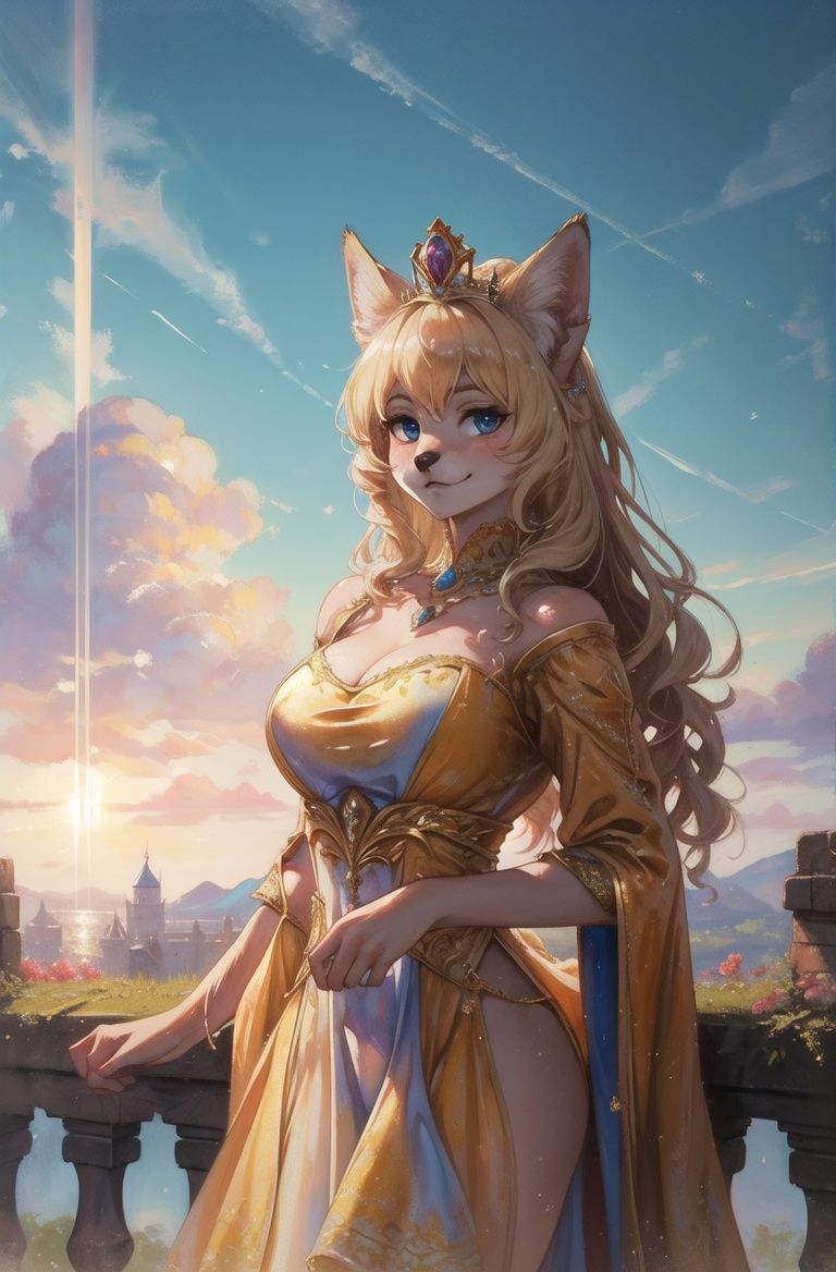 masterpiece, furry girl,8k,hdr,hires,high detail,perfect lighting,blue sky,cloudcastle,sunlight,servalcat,rim light,solo,perfect anatomy,blonde,(royal dress:1.3) ,crownlook at looking at viewer,oil painting,traditional media,long wave hair<lora:servalcat:0.6> 