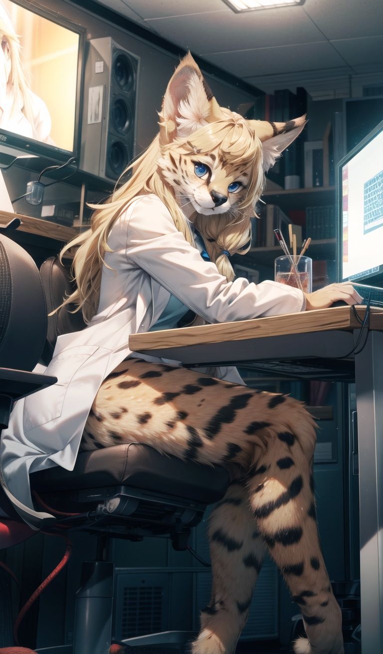 masterpiece, best quality,hdr,8k,furry girlobsolete computer center,wired retro machine,gloom day(masterpiece, best quality, ultra detailed, absurdres), legs lie on desksolo,high detail fur,cinema angle,8K,game CG,screen light,rim lightperfect lighting,servalcat,Laboratory coat,looking at screen,blonde,long hair,<lora:servalcat:0.7>  <lora:add_detail:0.3>