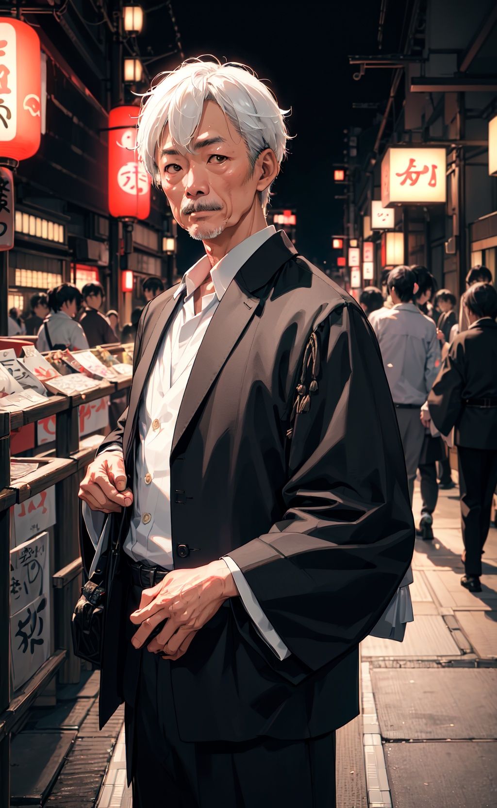 RAW photo,  a portrait photo of 50 y.o japanese man in clothes,  night tokyo on Tensor.Art