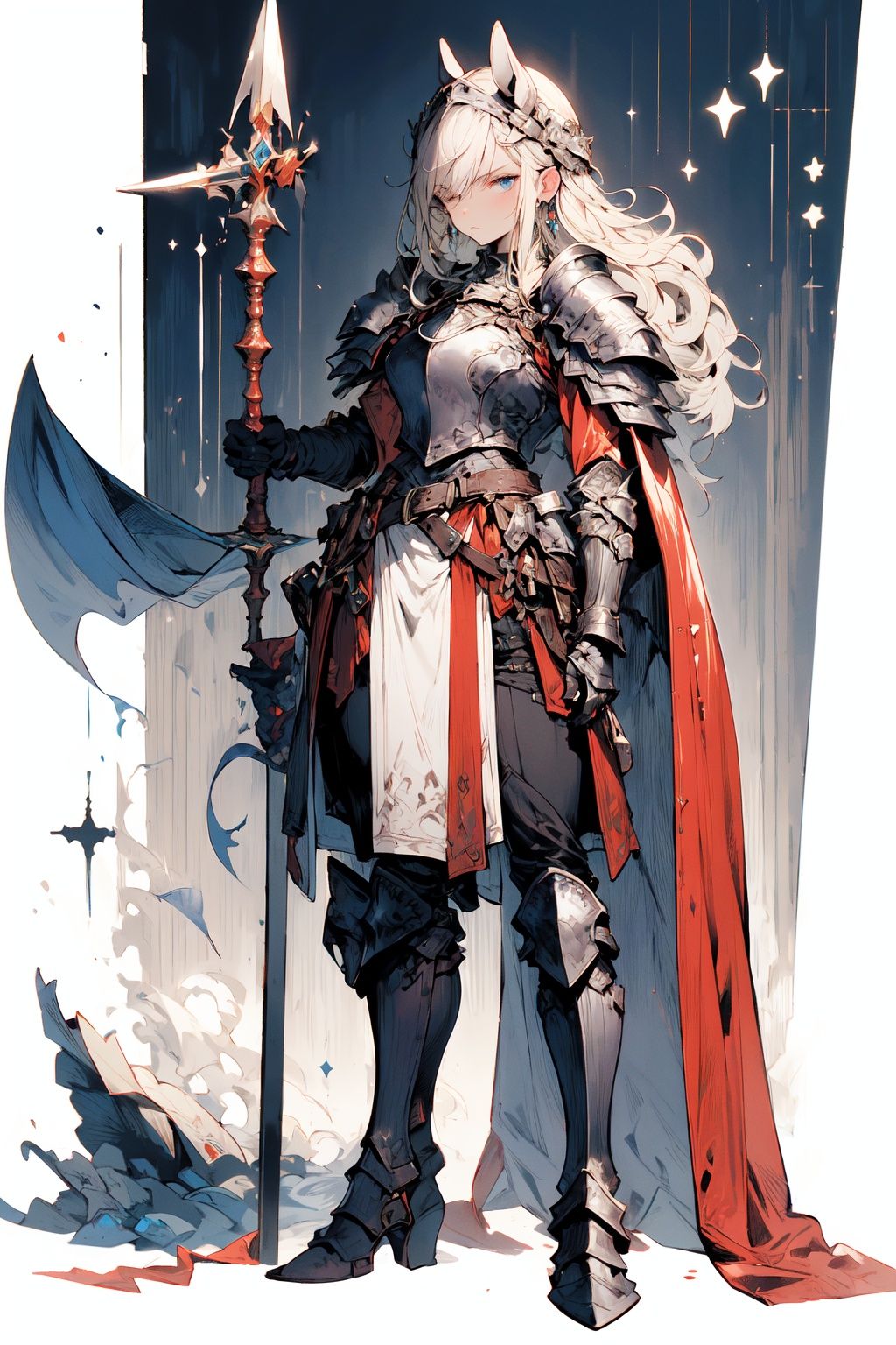 [(white background:1.5)::5], (imid shot:0.95), (full body:1.25),(masterpiece:1.2), best quality,game cg,armor, long hair, solo focus, belt, shoulder armor, weapon, 1girl, breastplate, earrings, jewelry, looking at viewer, holding, pauldrons, gauntlets, grey eyes, cape, knight, closed mouth, flag, polearm, plate armor, full armor, red cape, holding weapon, serious, standing, helmet, faulds, blue eyes, buckle, blonde hair, banner,pike,horse,<lora:fantasy_20230707233406-000012:0.9>