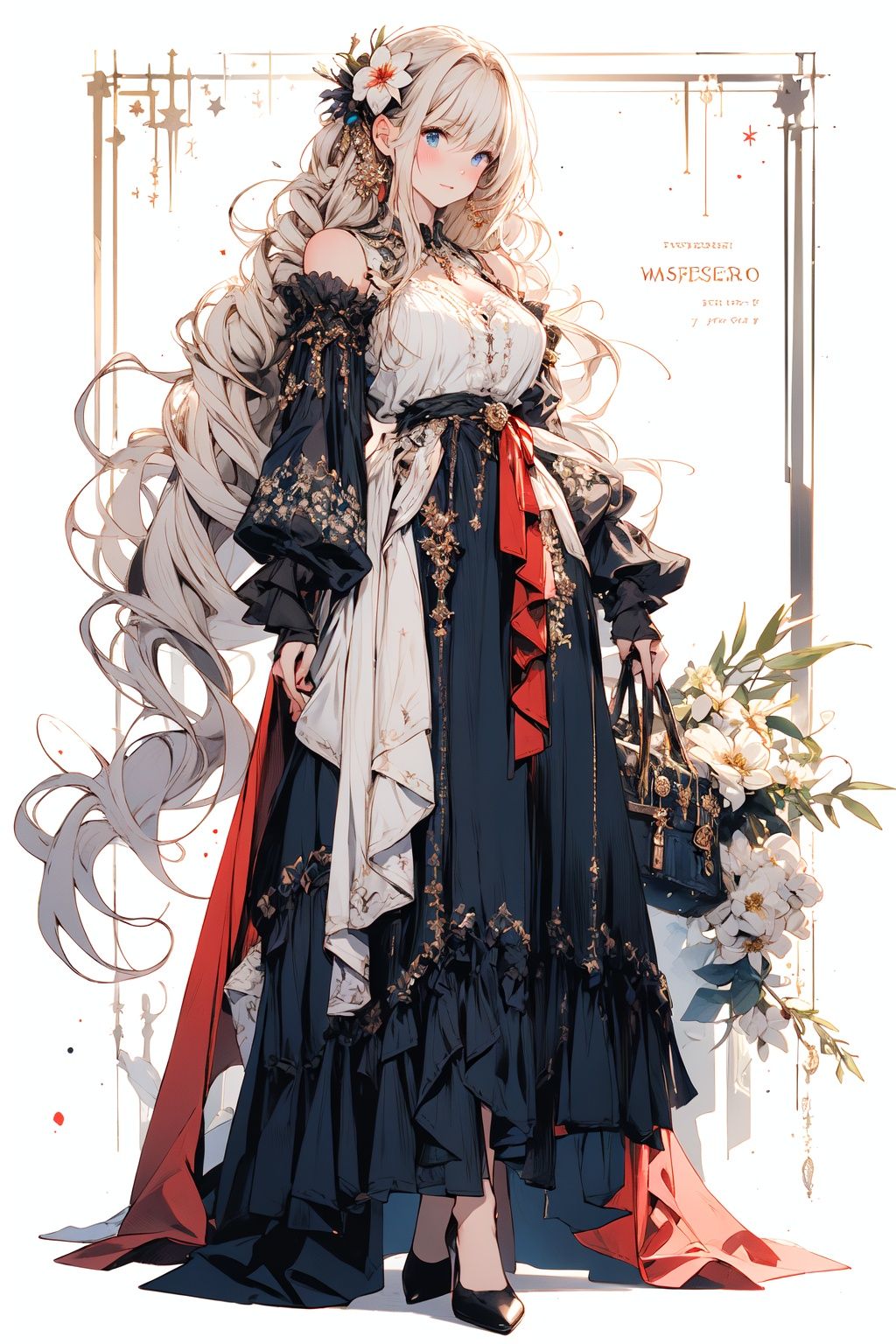 [(white background:1.5)::5],(masterpiece:1.2), best quality,game cg,1girl, solo, long hair, blonde hair, hair ornament, holding bag, bag, high heels, dress, full body, looking at viewer, holding, simple background, blue eyes, standing, hair flower, white background, flower, bangs, black footwear, handbag, red dress, closed mouth, long sleeves, skirt, wavy hair, blush, breasts, very long hair, jewelry, hand up, floral print, frills <lora:fantasy_20230707233406-000012:1>