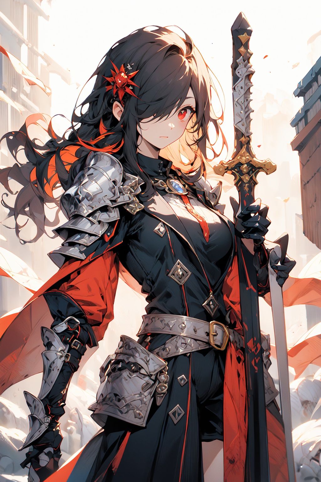 [(white background:1.5)::5],(masterpiece:1.2), best quality,game cg,1girl, weapon, solo, sword, long hair, red eyes, gauntlets, looking at viewer, closed mouth, hair ornament, standing, hair over one eye, coat, bangs, holding, outdoors, belt, white hair, cowboy shot, breasts, armor, multicolored hair, black coat, holding weapon, holding sword, black gloves, sheath <lora:fantasy_20230707233406-000014:1>