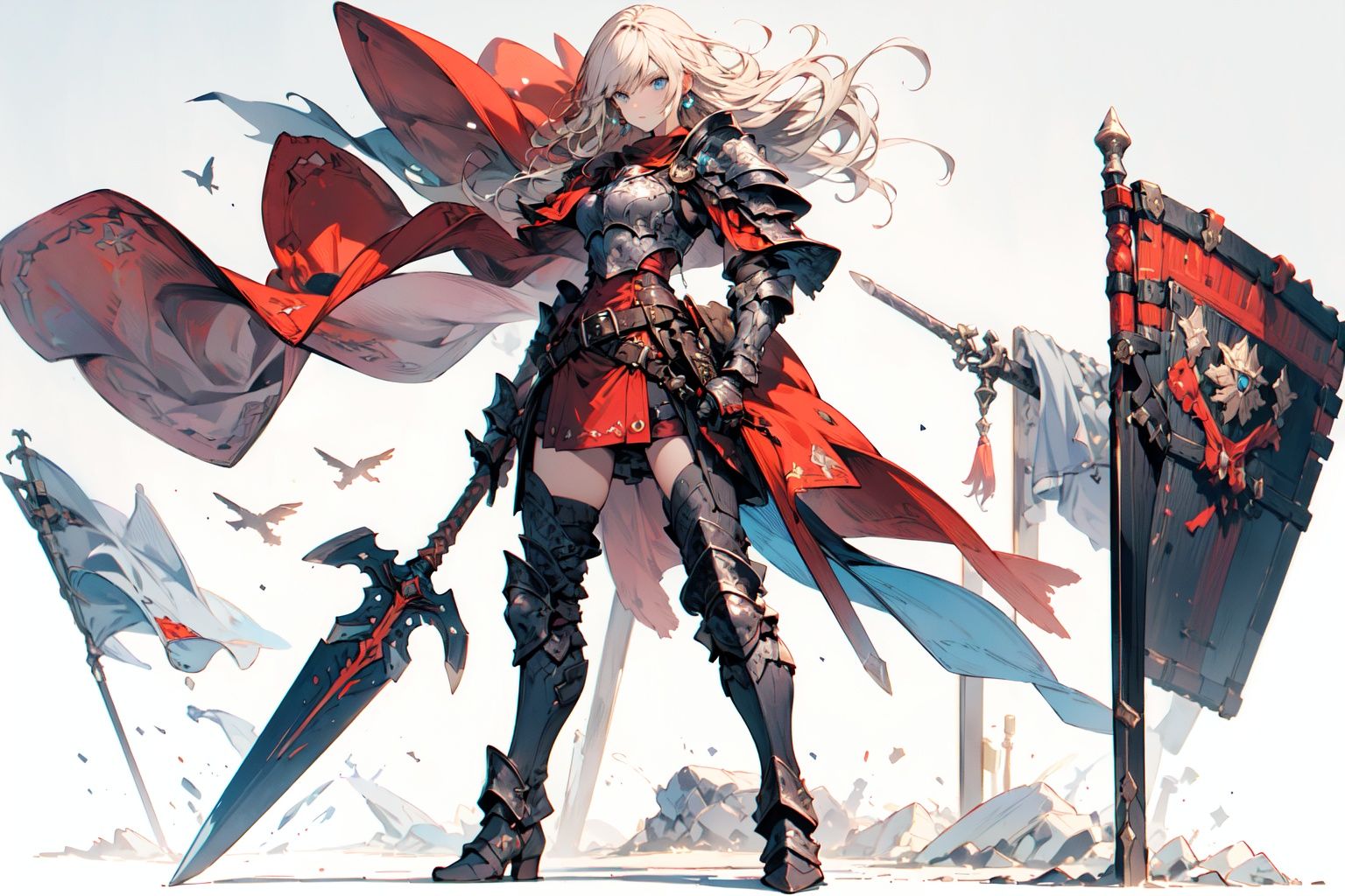 [(white background:1.5)::5], (imid shot:0.95), (full body:1.25),(masterpiece:1.2), best quality,game cg,armor, long hair, solo focus, belt, shoulder armor, weapon, 1girl, breastplate, earrings, jewelry, looking at viewer, holding, pauldrons, gauntlets, grey eyes, cape, knight, closed mouth, flag, polearm, plate armor, full armor, red cape, holding weapon, serious, standing, helmet, faulds, blue eyes, buckle, blonde hair, banner,pike,horse,<lora:fantasy_20230707233406-000012:0.9>