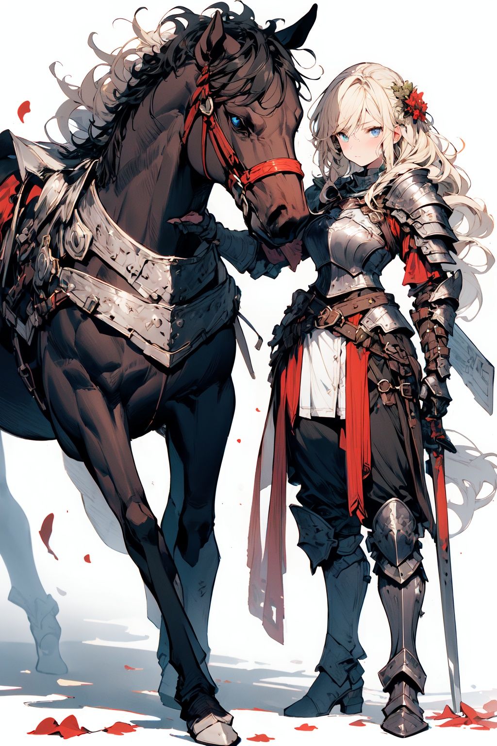[(white background:1.5)::5], (imid shot:0.95), (full body:1.25),(masterpiece:1.2), best quality,game cg,armor, long hair, blonde hair, 1girl, blue eyes, horse, shoulder armor, breastplate, weapon, holding, looking at viewer, horseback riding, knight, gauntlets, faulds, riding, pauldrons, outdoors, sword, closed mouth, holding weapon, solo focus, standing, plate armor, armored boots, boots, day, bangs, parted bangs, petals, wind, wavy hair, feet out of frame, solo<lora:fantasy_20230707233406-000012:0.9>