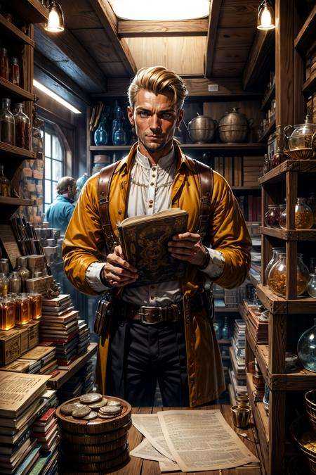 Comic art, RAW-format, <lora:tangbohu-detailer_1.0:1>, <lora:realistic:0.3>(1man, thin ***** ukrainian male:1.2),  aquamarine eyes, medium blonde hair, slick back, looking down, solo, half shot, detailed background, detailed face, (<lora:1970RetroFuturism:0.6>, 1970retrofuturism, 1970s theme:1.1), warm smile, presenting wares, shop owner, (yellow:0.8) simple merchant clothes,  pouches, belts,  (medieval shop interior:1.1),  (crates:0.8),  (storage baskets:0.8),  selling wide variety of books, scrolls, parchment,  shiny glittering coins,