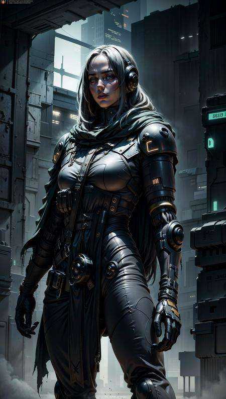 female, woman, cyberfusion, elite robot mercenary rogue wearing battle armor, chromatic cape, cyberpunk scene,dark fantasy atmosphere, <lora:EnvyBeautyMix24:0.6> <lora:adventurers_v1:0.4> <lora:cyberfusion_3Drender:0.5>