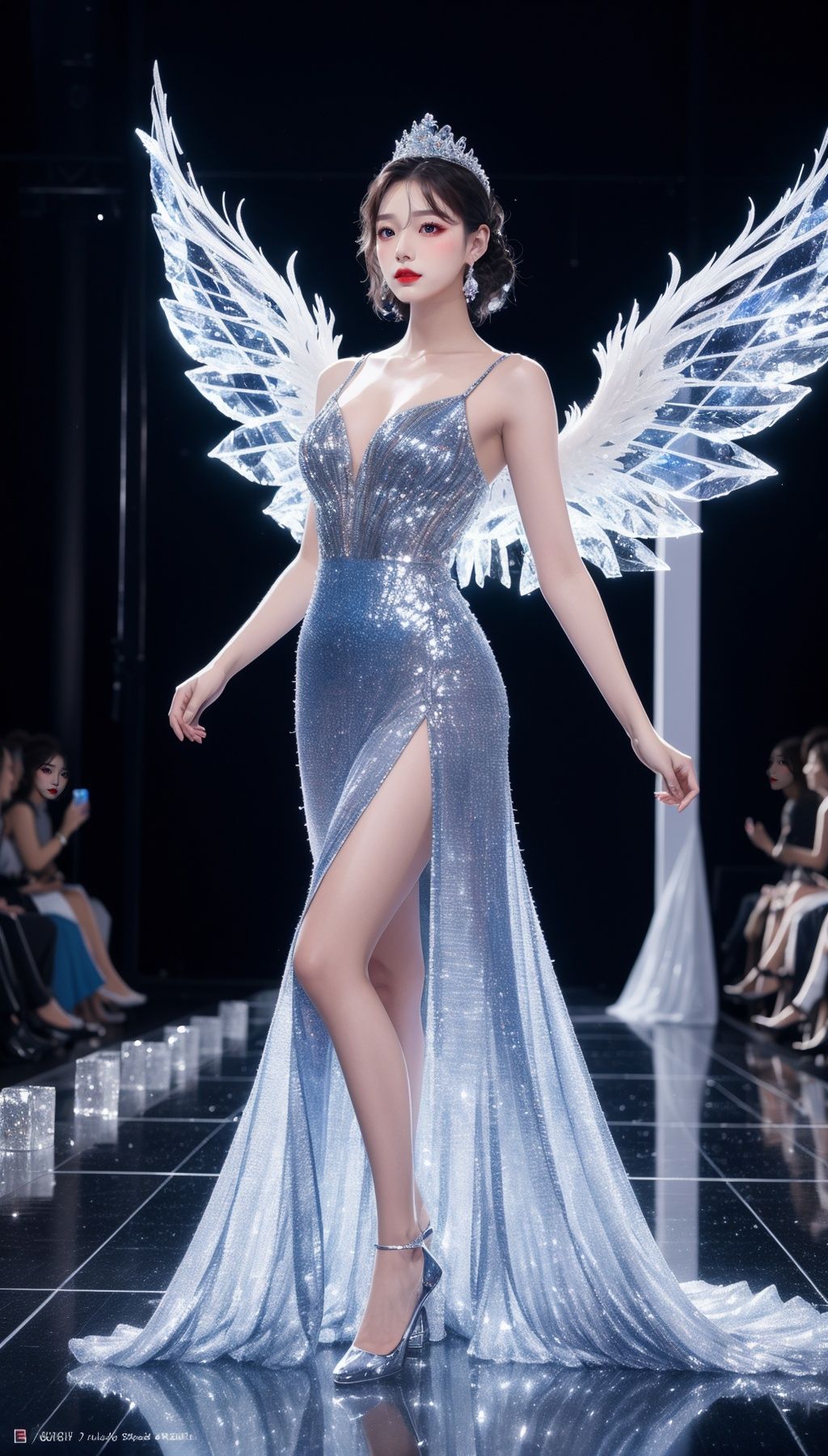 Best quality, masterpiece, ultra high res, (photorealistic:1.4),KatanaOneHand,Depth of field, blurring,Film filter,Princess,catwalk,1gril,solo,Angel,full full body,Huge wings,model pose.blue rose,blue wings,ice,Crystal wings,Glowing wings,ice jewelry, from side, <lora:20230527173052:0.5>