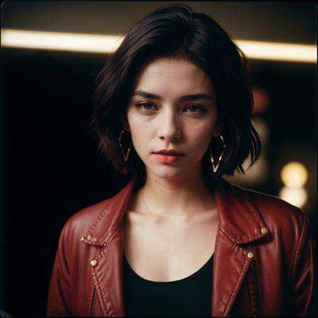 photorealistic, masterpiece, extremely intricate, RAW photo, polaroid, by Wong Kar-Wai, cute punk [girl|woman], outrun red jacket, cool messy bob hair, shiny blue eyes, red lipstick, gold earrings, black **** top, high detail, dramatic lighting, dutch angle, wide shot, analog style, sharp focus, award winning, cinematic atmosphere, hard back light, rembrandt lighting, volumetrics dtx, film grain, neon, realistic, nsfw,  <lora:shadedFaceEyesIn_shadedFace:1> <lora:epi_noiseoffset2:1>