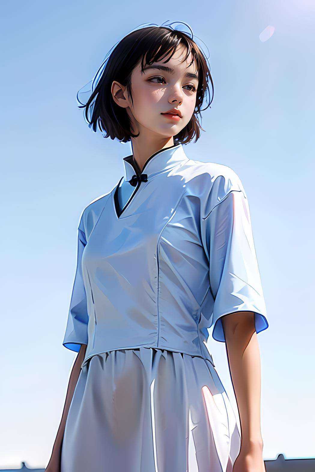 masterpiece,(best quality:1.3),ultra high res,raw photo,detailed skin,beautiful lighting,(realistic, photo-realistic:1.4),1girl,<lora:OldSchoolV1:0.7>,school_woman,full body ,(blue skies:1.5), <lora:PerfectNwsjMajic_4:0.6>