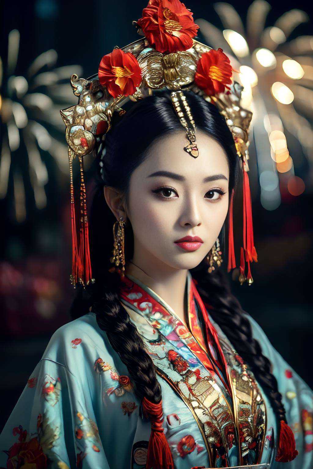 masterpiece,(best quality:1.3),ultra high res,raw photo,detailed skin,beautiful lighting,(realistic, photo-realistic:1.4),1girl,<lora:ChinaOperaV1:1>,guofeng,full body,(Fireworks background:1.2),Professional stage light,