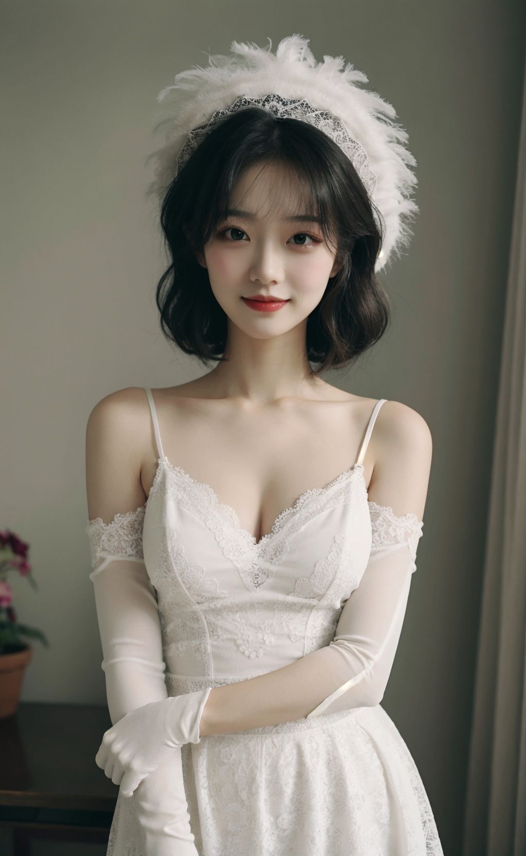 <lora:FilmVelvia3:0.6>, masterpiece, best quality, 1girl, solo, sexy pose, pensive woman, voluminous dress, intricate lace, embroidered gloves, feathered hat, curled hairdo, pale skin, minimal makeup, tender smile, dainty neckline, nostalgic atmosphere, still life