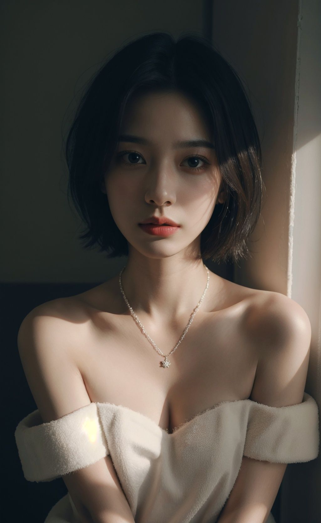 <lora:FilmVelvia3:0.6>, fashion photography portrait of 1girl, offshoulder, fluffy short hair, soft light, rim light, beautiful shadow, low key, (photorealistic, raw photo:1.2), (natural skin texture, realistic eye and face details), hyperrealism, ultra high res, 4K, Best quality, masterpiece, necklace, (cleavage:0.8), in the dark