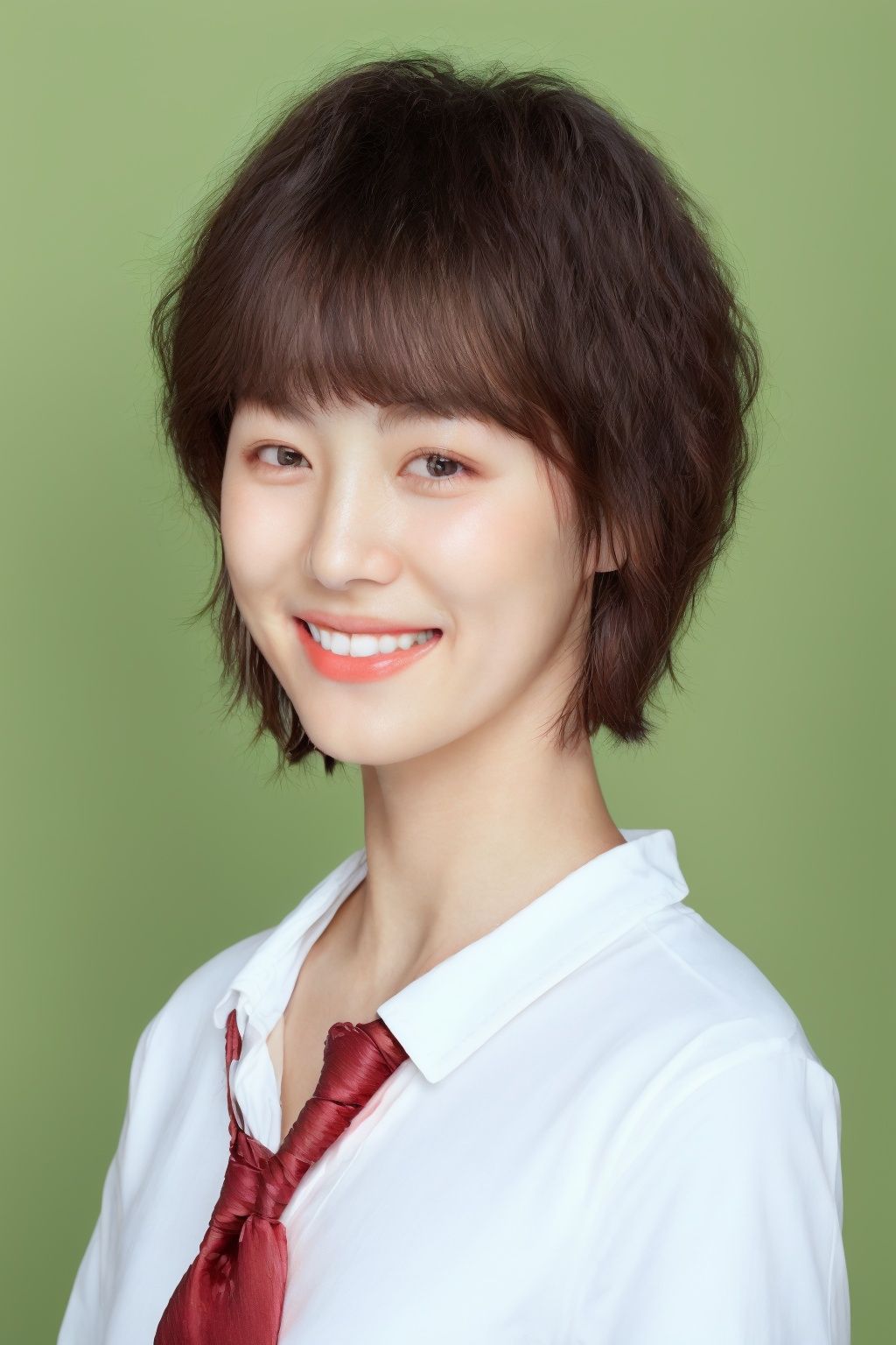 ID photo, a boy, solo, upper body, a short-haired man in a white shirt and red tie. She smiles at the camera, light green solid background, blue_IDphoto