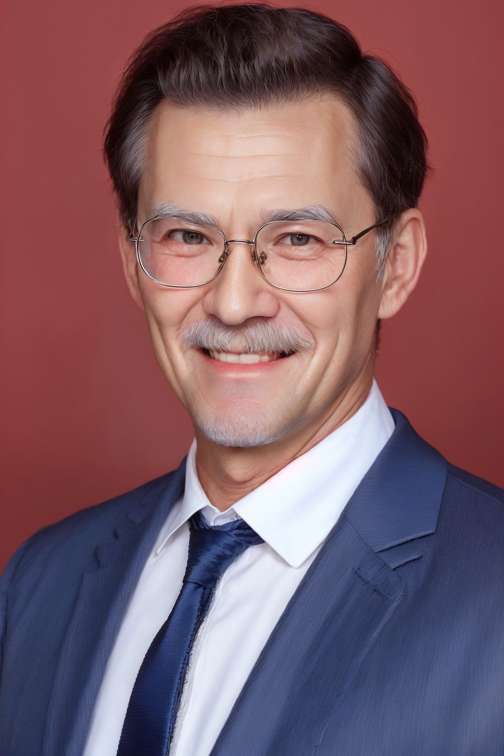 ID photo, (an old man: 1.5), solo, upper body, a short-haired old man in a suit, glasses, (long beard: 1.5), red tie. She smiles at the camera, (red solid background: 1.5), blue_IDphoto