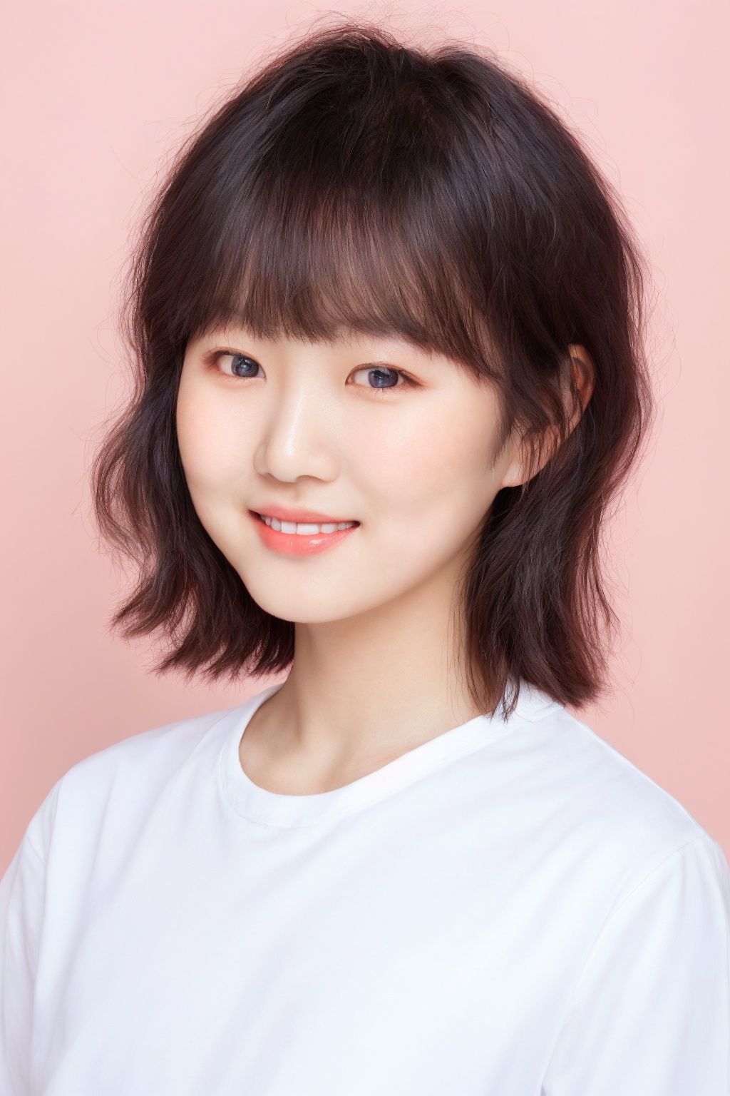 ID photo, (a 5-year-old girl: 1.5), solo, upper body, an Asian girl with short white hair, (blue eyes: 2.0) ' (chubby face: 1.5), (beauty mole: 1.5), white shirt, peach blossom, tender skin, she smiles at the camera, (pink solid background: 1.5), blue_IDphoto