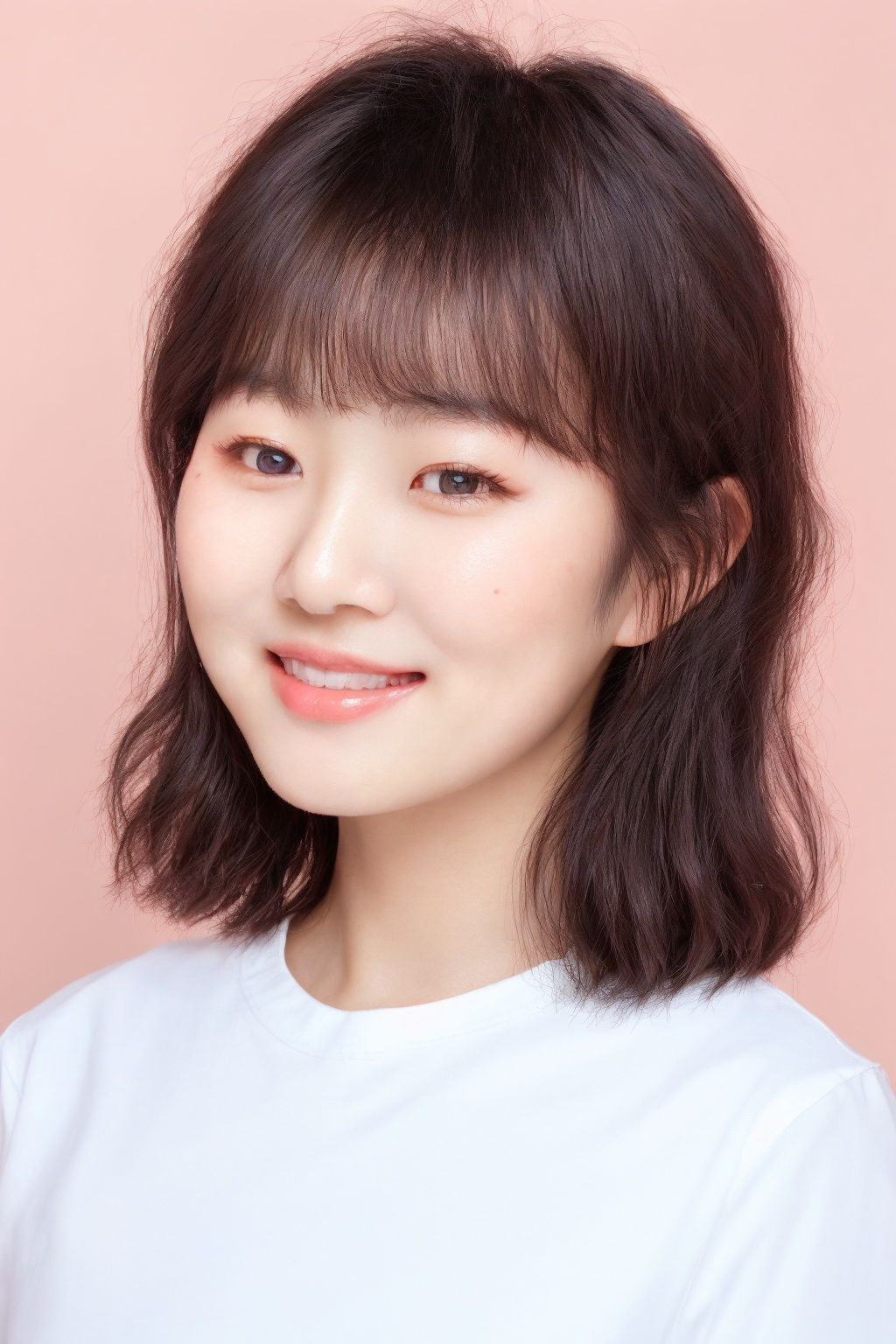 ID photo, (a 2-year-old baby: 1.5), solo, upper body, an Asian girl, with short white hair, (blue eyes: 2.0) ' (chubby face: 1.5), (beauty mole: 1.5), white shirt, peach blossom, tender skin, she smiles at the camera, (pink solid background: 1.5), blue_IDphoto,1girl,真实