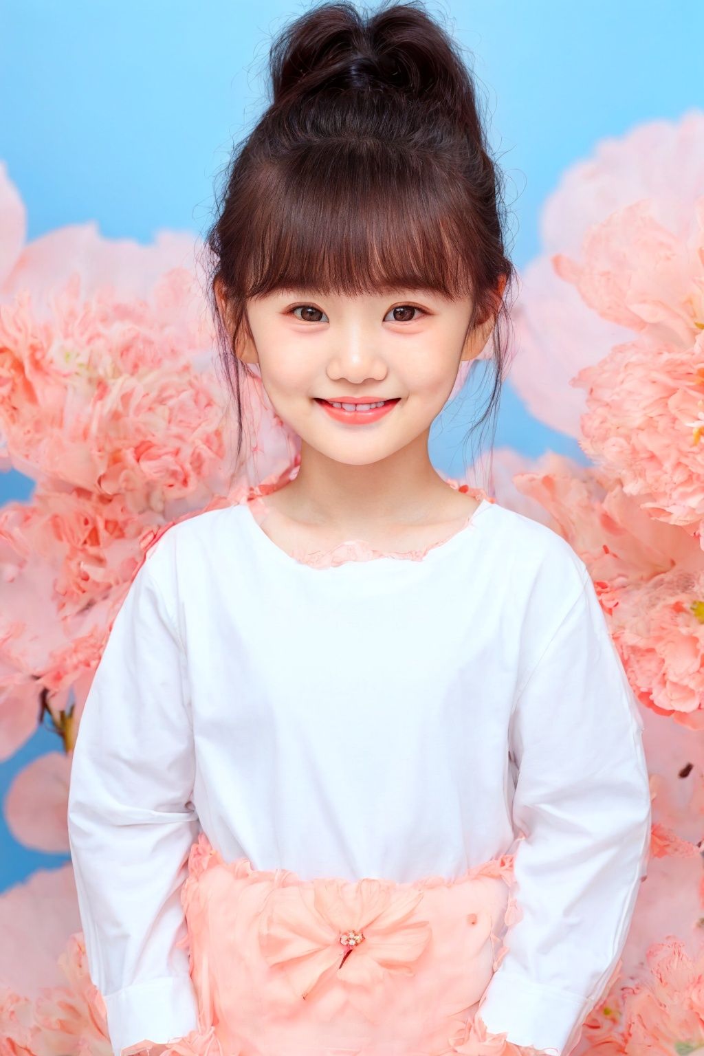 ID photo, （A 3-year-old baby: 1.5 years）, alone, upper body, ponytail,（big watery eyes: 2.0） , （chubby face: 1.5）, white shirt, peach blossom color, tender skin, she smiles at the camera,（pink solid background: 1.5） , cute.blue_IDphoto