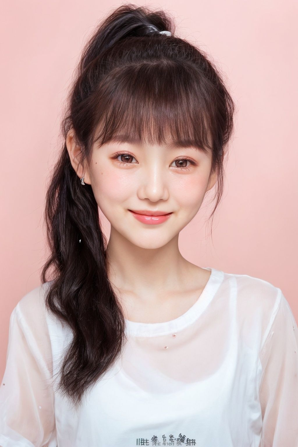 ID photo, (a 5-year-old girl: 1.5), solo, upper body, ponytail, (big watery eyes: 2.0), (chubby face: 1.5), (beauty mole: 1.5), white shirt, peach blossom, tender skin, she smiles at the camera, (pink solid background: 1.5), cute blue_IDphoto