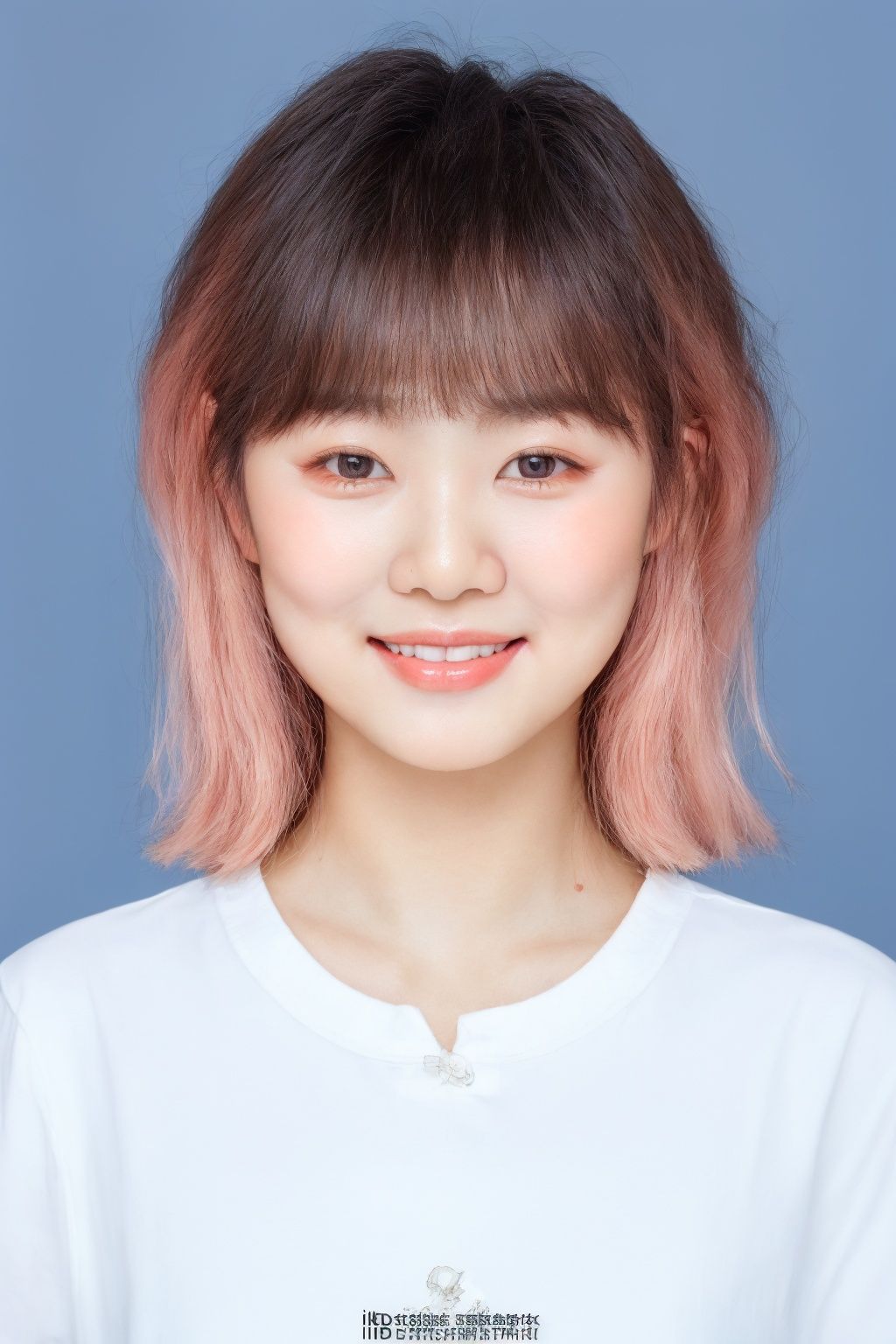 ID photo, (a 2-year-old baby: 1.5), solo, upper body, an Asian baby with short white hair, (blue eyes: 2.0) ' (chubby face: 1.5), (beauty mole: 1.5), white shirt, peach blossom, tender skin, she smiles at the camera, (pink solid background: 1.5), blue_IDphoto