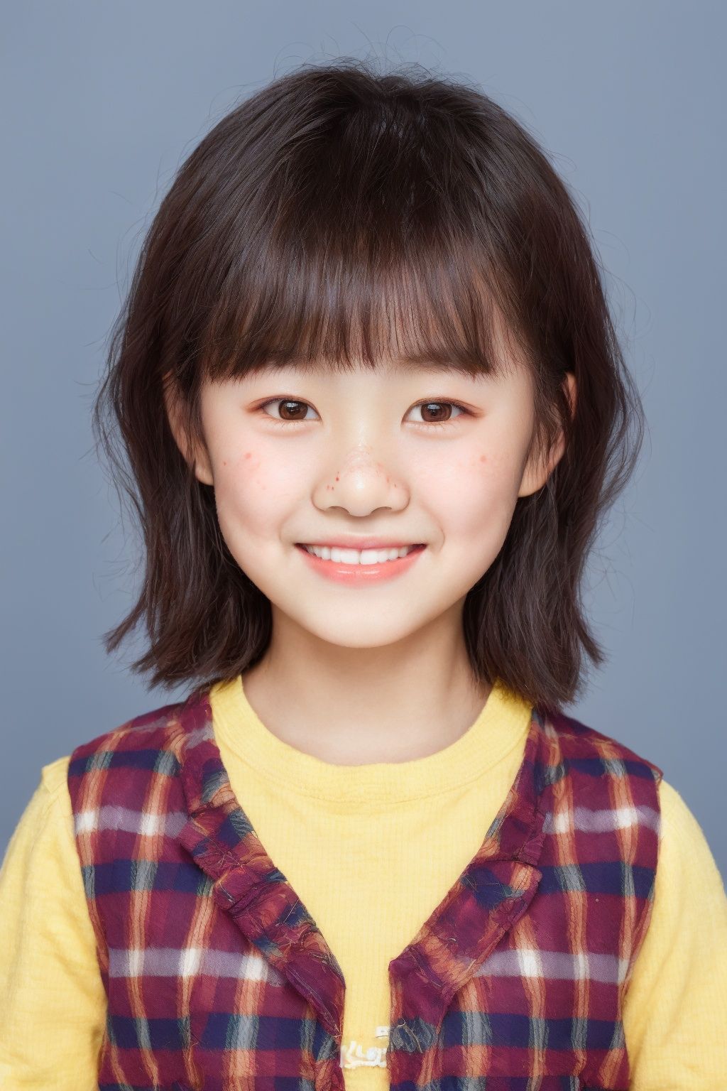 ID photo, (a 5-year-old girl: 1.5), solo, upper body, a small Asian girl with short hair, chubby, (beauty mole: 1.5), plaid vest. He smiles at the camera, (yellow solid background: 1.5), blue_IDphoto