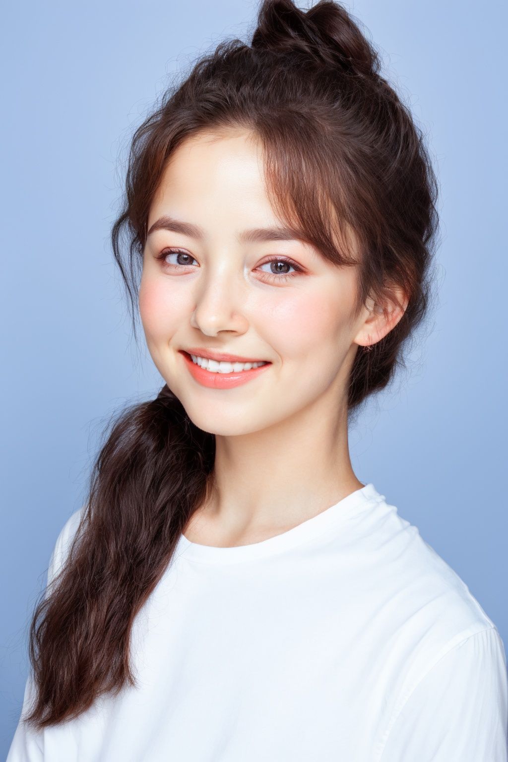 ID photo, NSFW,(a 5-year-old girl: 1.5), solo, upper body, ponytail, (big watery eyes: 2.0), (chubby face: 1.5), (beauty mole: 1.5), white shirt, peach blossom, tender skin, she smiles at the camera, (pink solid background: 1.5), cute blue_IDphoto