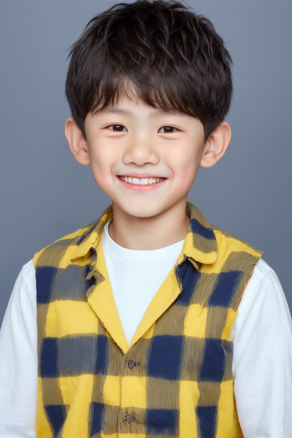 ID photo, (a 5-year-old boy: 1.5), solo, upper body, a small Asian boy with short hair, chubby, (beauty mole: 1.5), plaid vest. He smiles at the camera, (yellow solid background: 1.5), blue_IDphoto
