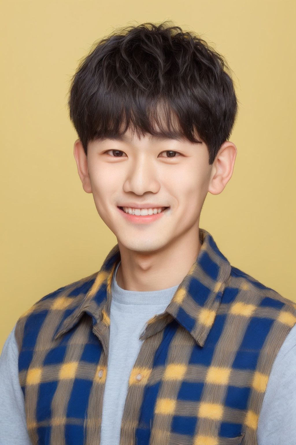 ID photo, (a 5-year-old boy: 1.5), solo, upper body, a small Asian boy with short hair, (red eyes: 2.0) ' (chubby face: 1.5), (beauty mole: 1.5), plaid Small vest with a peach blossom-like face and supple skin, he smiles at the camera, (yellow solid background: 1.5), blue_IDphoto