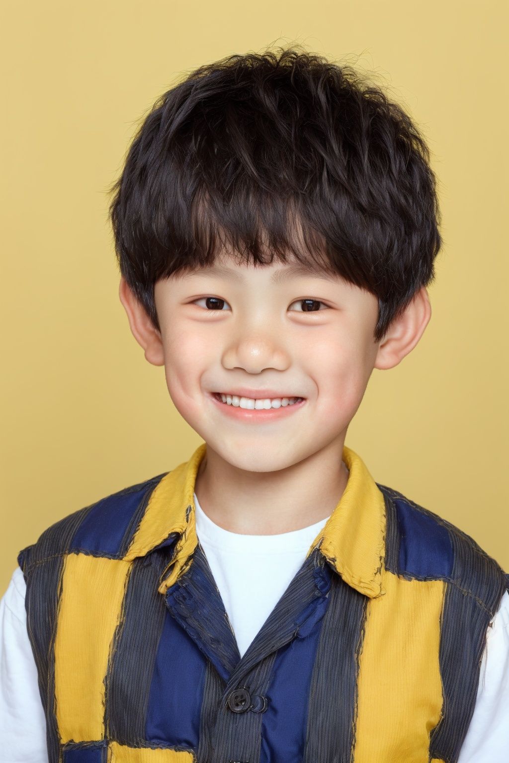 ID photo, (a 5-year-old boy: 1.5), solo, upper body, a small Asian boy with short hair, chubby, (beauty mole: 1.5), plaid vest. He smiles at the camera, (yellow solid background: 1.5), blue_IDphoto