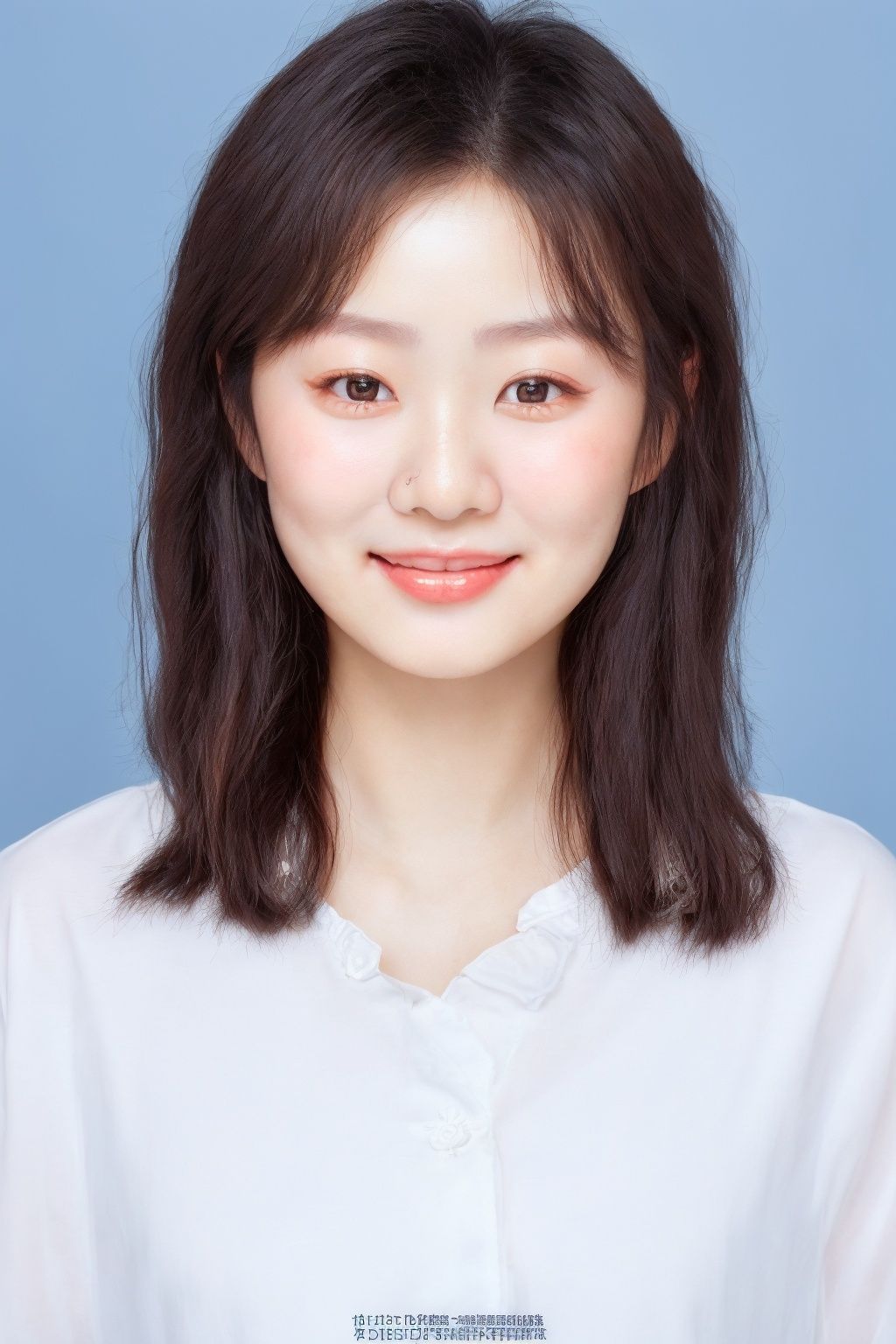 ID photo, (a 2-year-old baby: 1.5), solo, upper body, an Asian girl, with short white hair, (blue eyes: 2.0) ' (chubby face: 1.5), (beauty mole: 1.5), white shirt, peach blossom, tender skin, she smiles at the camera, (pink solid background: 1.5), blue_IDphoto,1girl,真实