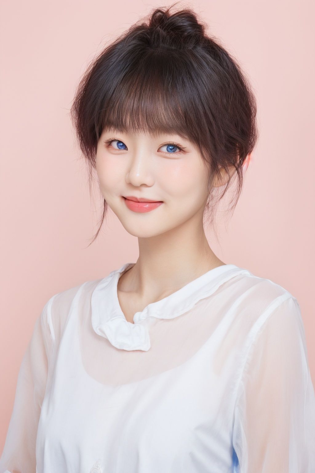 ID photo, (a 2-year-old baby: 1.5), solo, upper body, an Asian baby with short white hair, (blue eyes: 2.0) ' (chubby face: 1.5), (beauty mole: 1.5), white shirt, peach blossom, tender skin, she smiles at the camera, (pink solid background: 1.5), blue_IDphoto,1girl