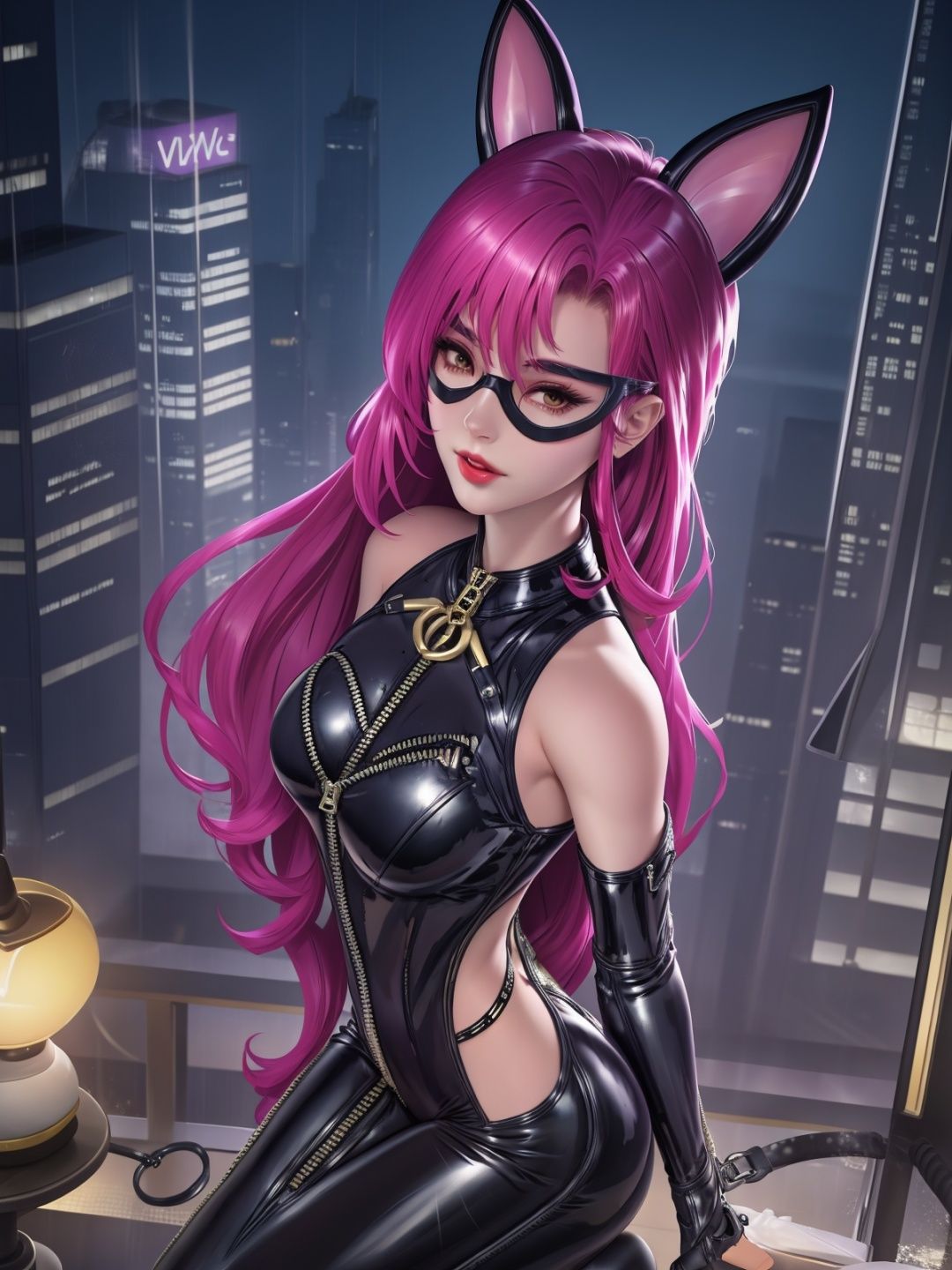 <lora:AkeAnyemaoniang_20230709023724:0.75>, fake animal ears, latex,bodysuit, zipper, cityscape, night,eye mask,bare shoulders, looking at viewer, arms behind back, sitting,chair,