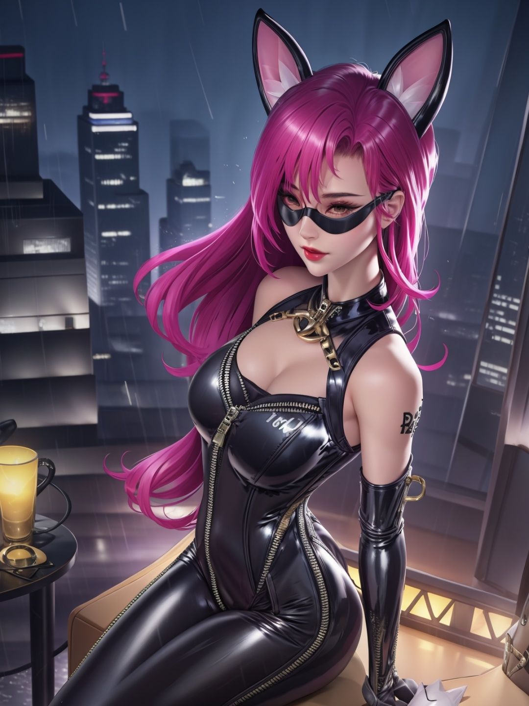 <lora:AkeAnyemaoniang_20230709023724:0.75>, fake animal ears, latex,bodysuit, zipper, cityscape, night,eye mask,bare shoulders, looking at viewer, arms behind back, sitting,chair,rain, 