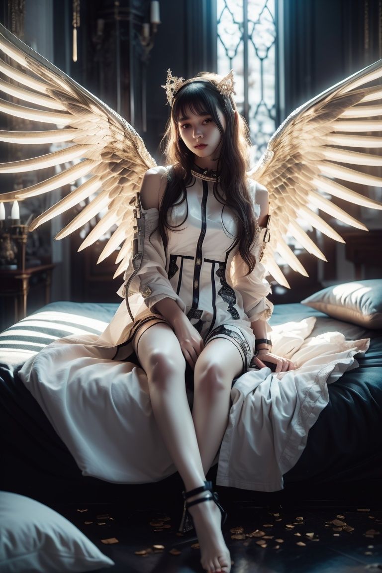 person,angel,wings,in a white room, bed, 1girl, on_bed, cat, black_hair, pillow, solo, sitting,vibrant details,beautiful background, H. R. Giger style,best quality, masterpiece, illustration, an extremely delicate and beautiful, extremely detailed ,unity ,wallpaper, finely detail,best quality,official art, extremely detailed,unity 