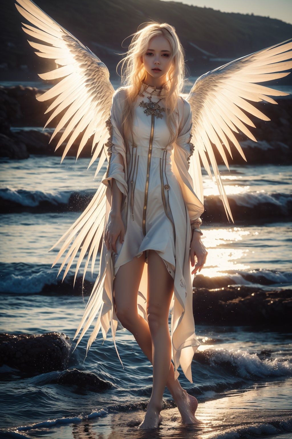 person,angel,wings,cloud, horizon, ocean, sunset, beach, cloudy_sky, sky, water, waves, shore, 1girl, sunrise, scenery, mountain, mountainous_horizon, gradient_sky, twilight, orange_sky, island, river, lake, sun, solo, outdoors, evening, wading, landscape, city_lights, standing_on_liquid, walking_on_liquid, red_sky, dusk, reflection, lighthouse,vibrant details,beautiful background, H. R. Giger style,best quality, masterpiece, illustration, an extremely delicate and beautiful, extremely detailed ,unity ,wallpaper, finely detail,best quality,official art, extremely detailed,unity 