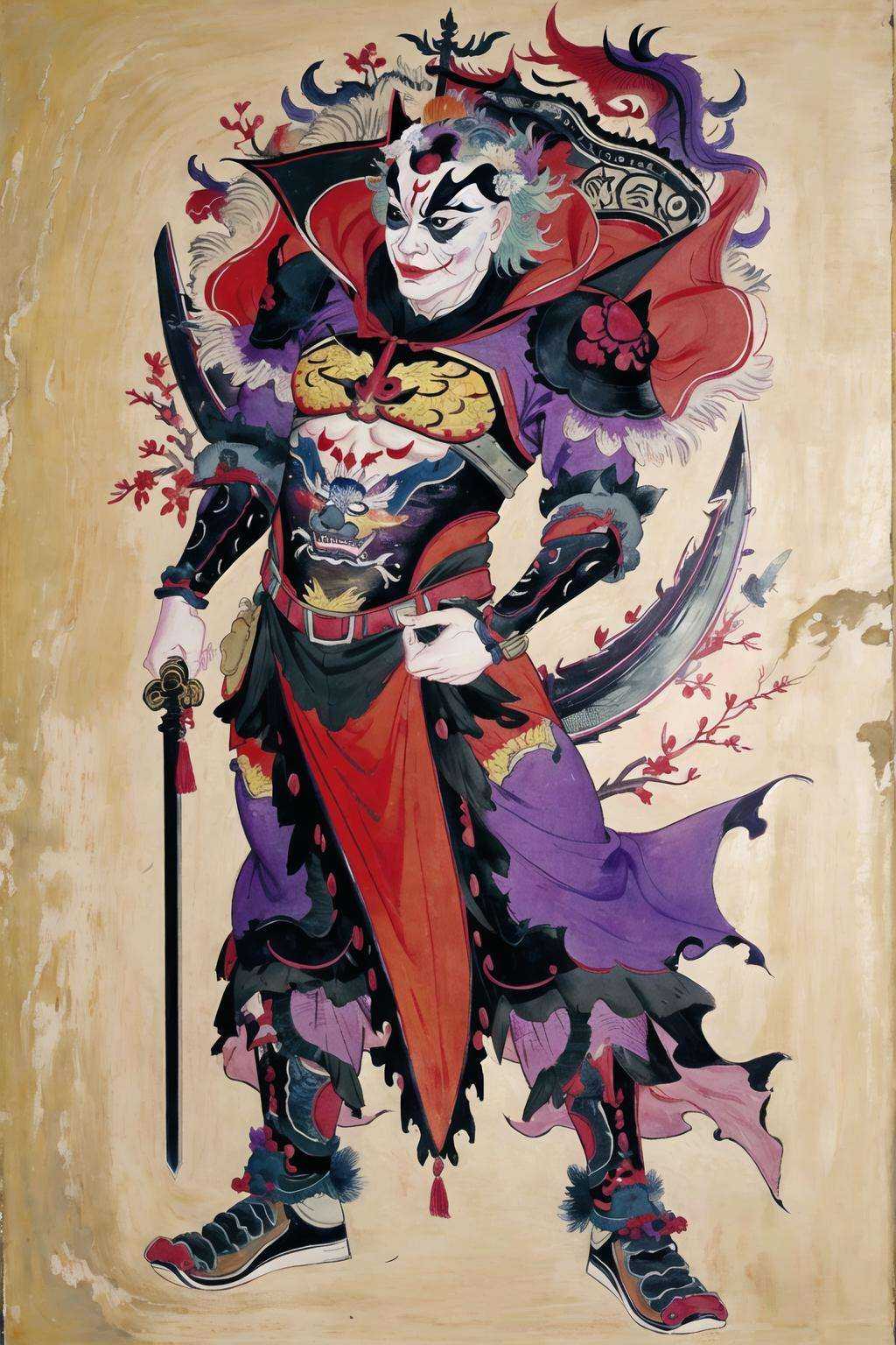 <lora:Doorgods:0.65>, chinese door gods, a painting of joker with a sword and armor, full body, 1boy, male focus, solo, drawing