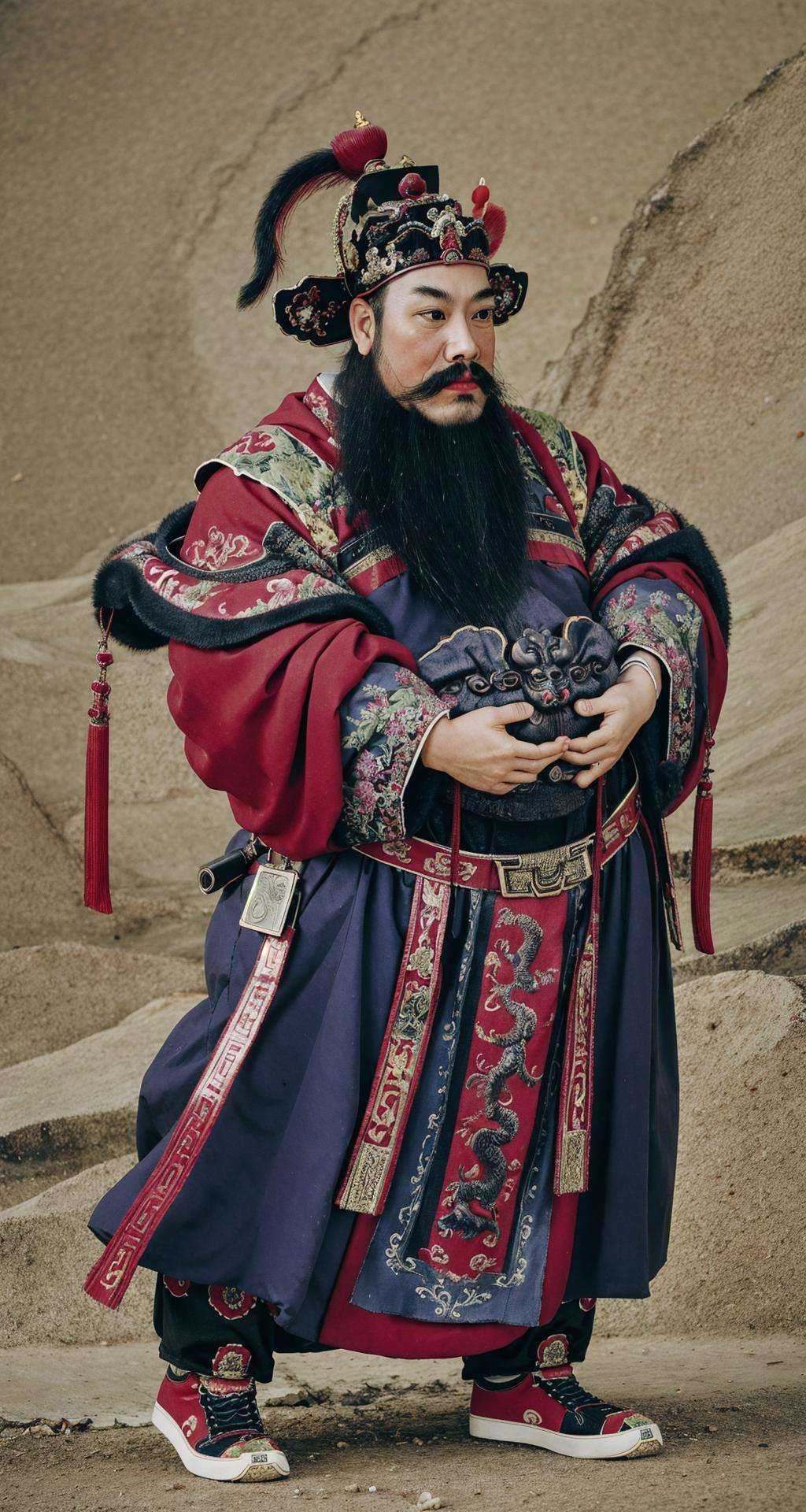<lora:Doorgods:0.65>, chinese door gods, 1girl, beard, looking at viewer, Perfect body, natural skin texture, Best quality, masterpiece, pose, mustache 